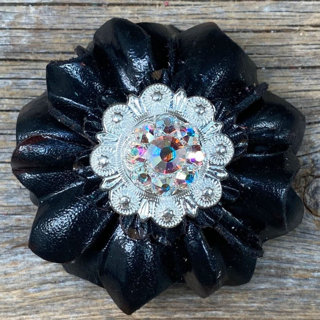 Black Carnations Leather Flowers - 1" Crystal Conchos - Options