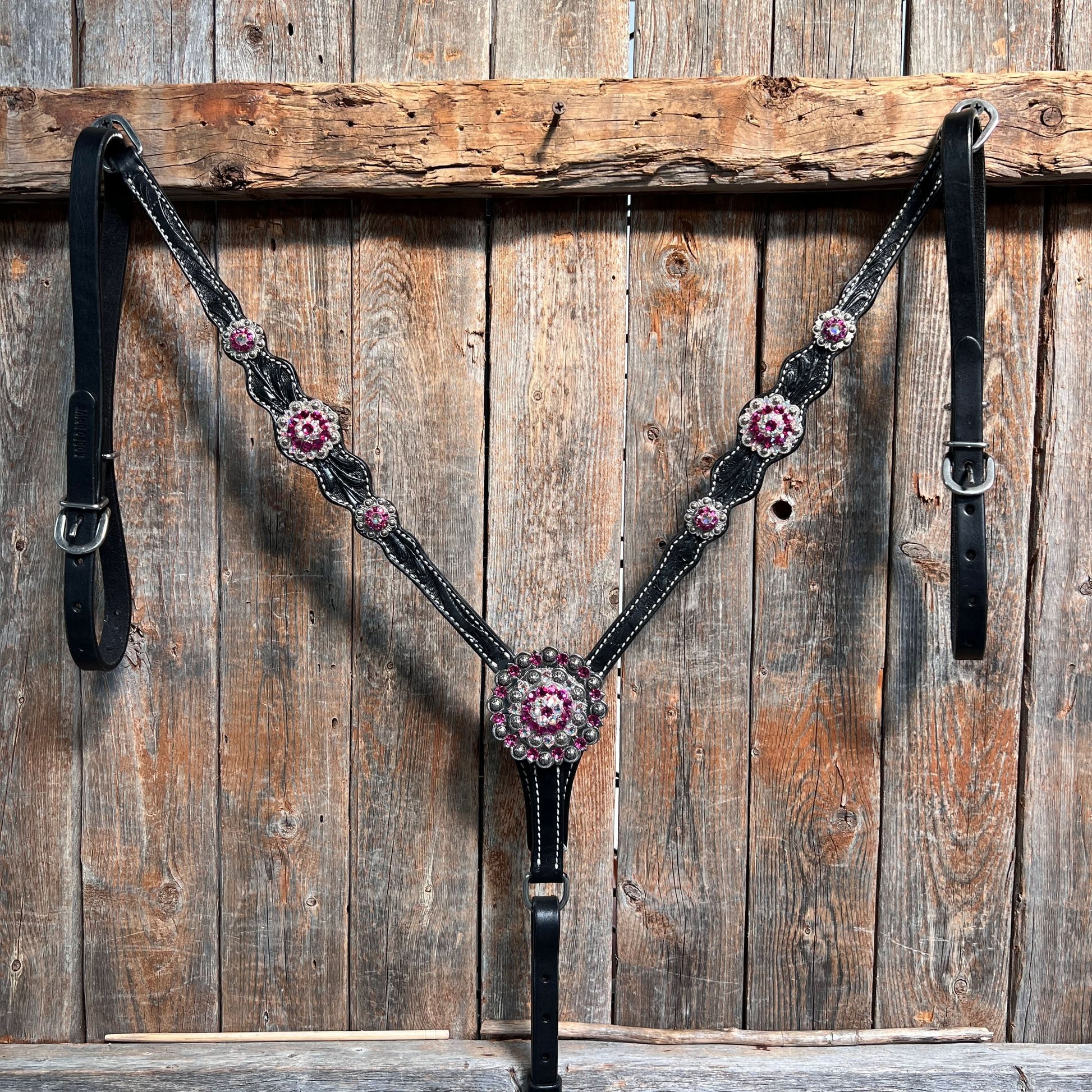 Black Floral Fuchsia Browband / One Ear Tack Set #BBBC596
