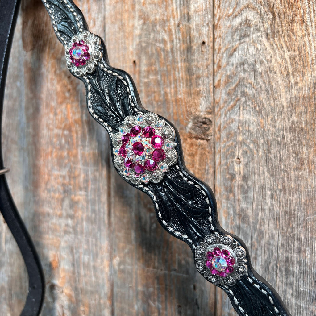 Black Floral Fuchsia Browband / One Ear Tack Set #BBBC596