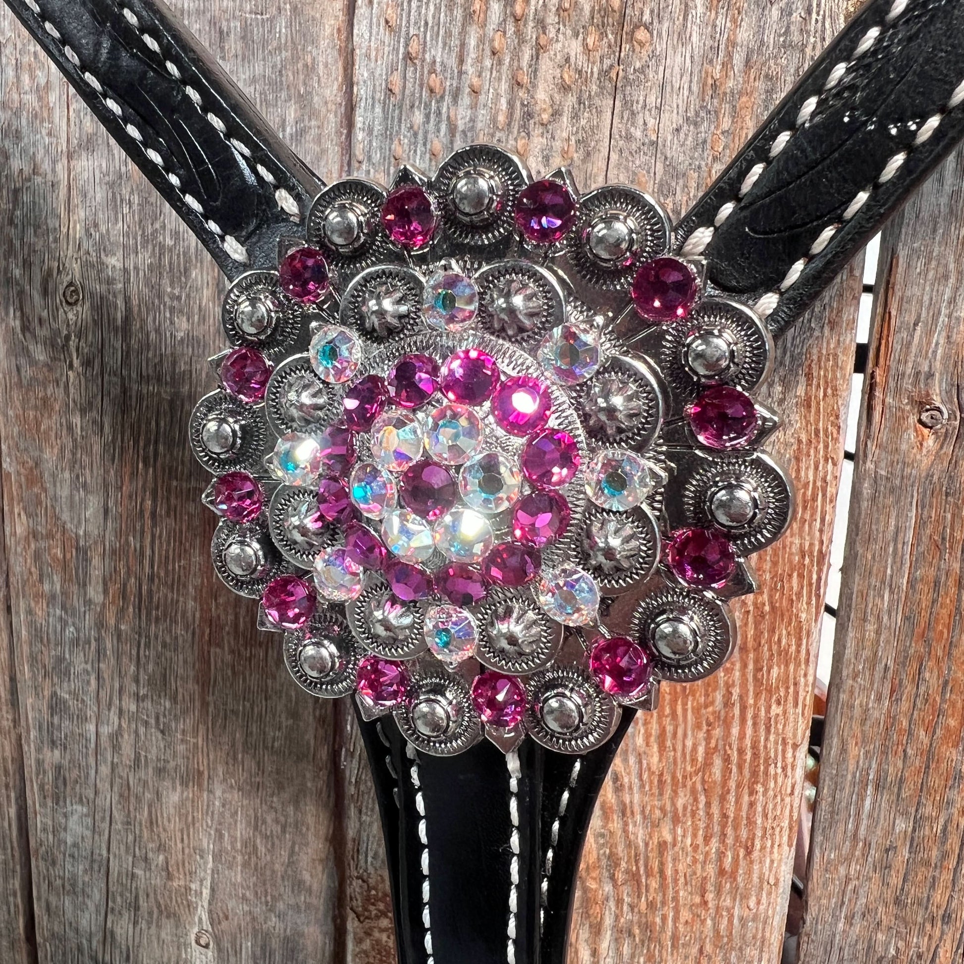 Black Floral Fuchsia Browband / One Ear Tack Set #BBBC596