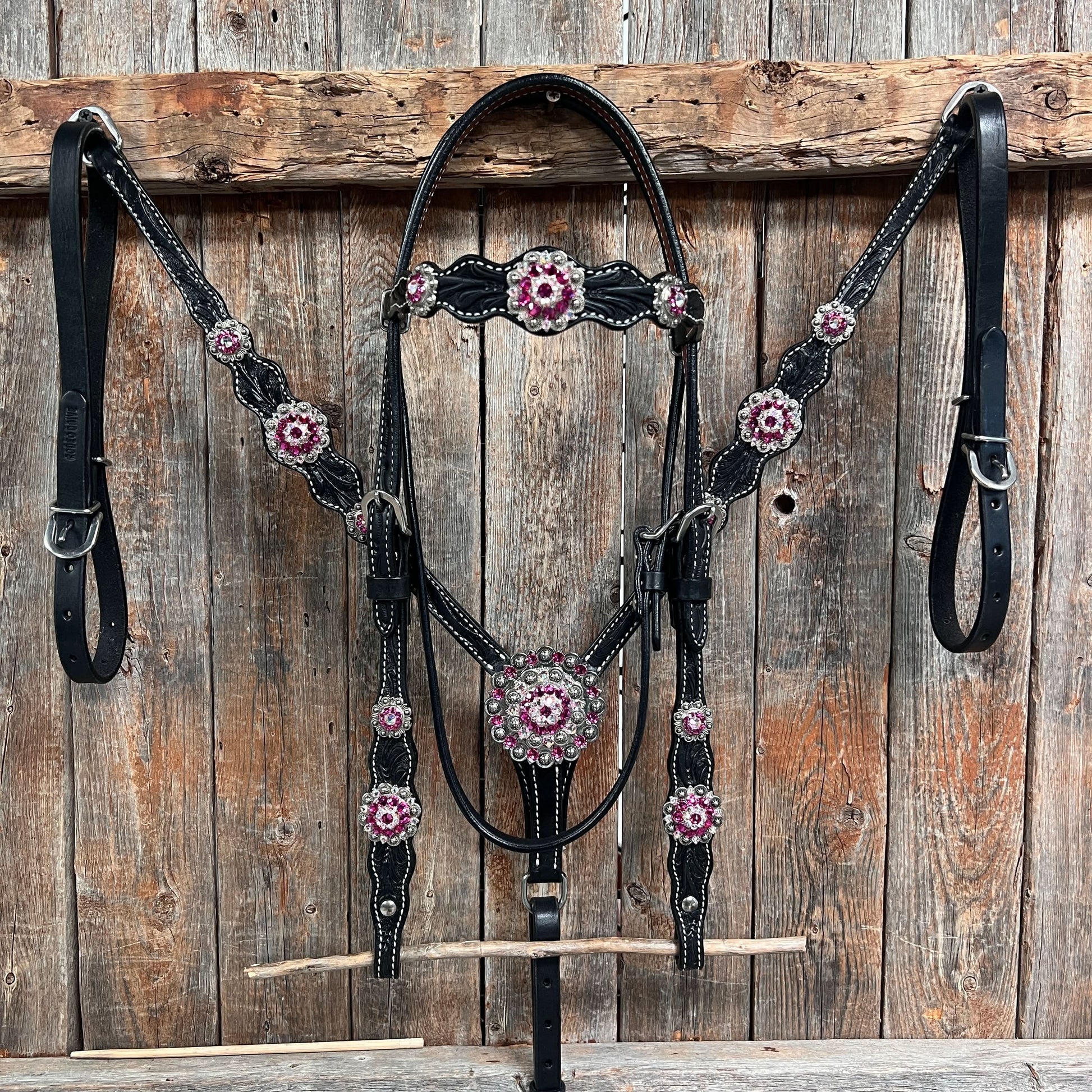 Black Floral Fuchsia Browband / One Ear Tack Set #BBBC596