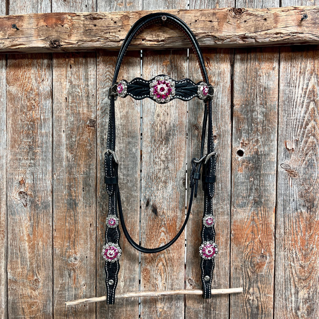 Black Floral Fuchsia Browband / One Ear Tack Set #BBBC596