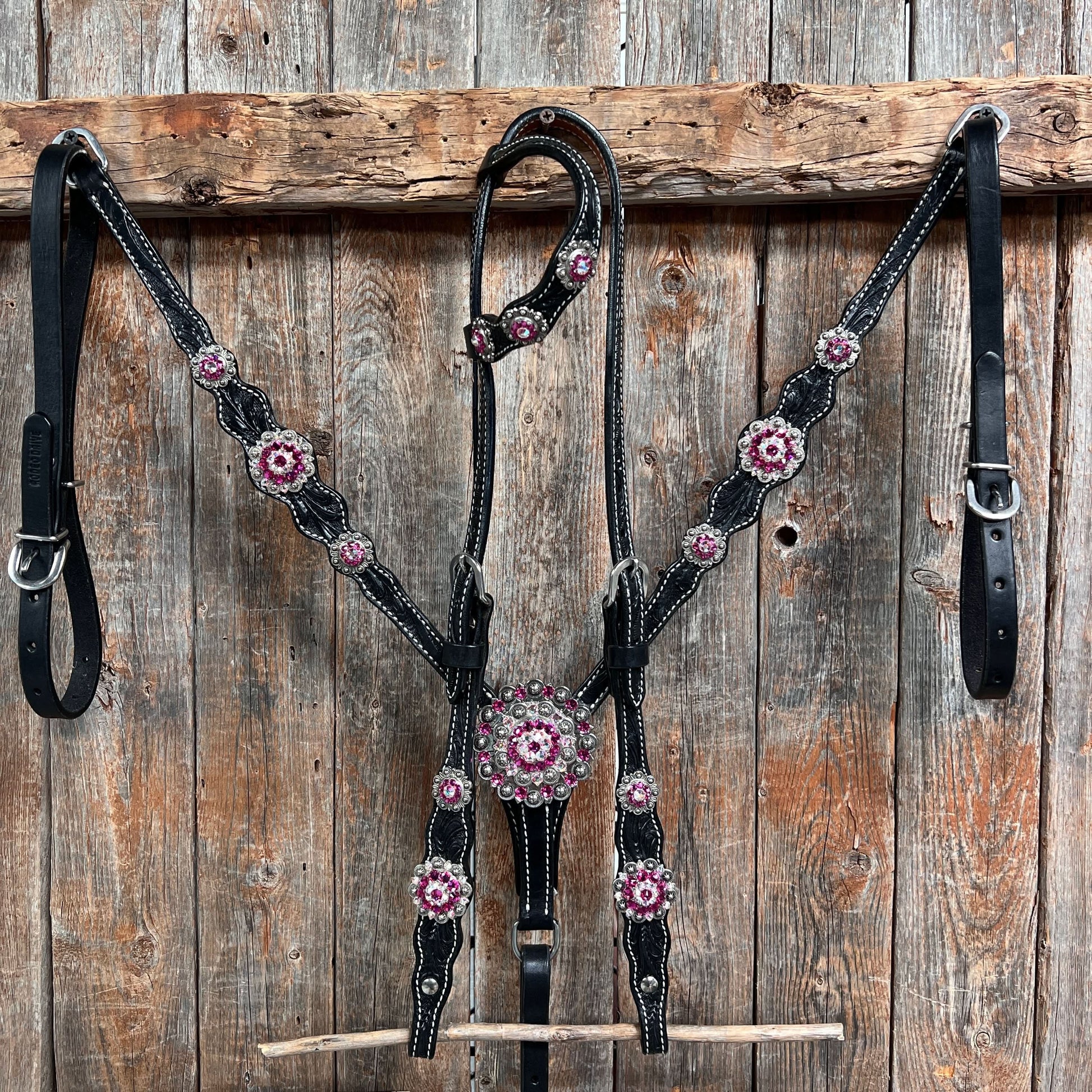 Black Floral Fuchsia Browband / One Ear Tack Set #BBBC596