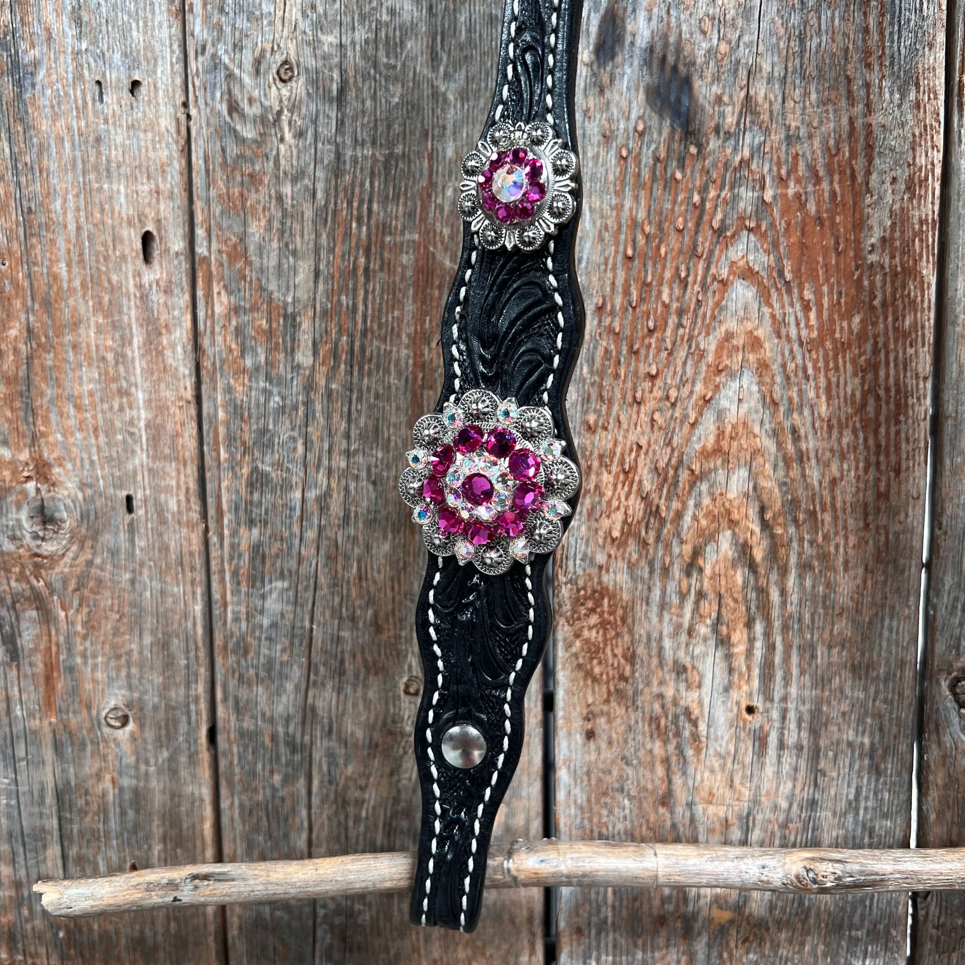 Black Floral Fuchsia Browband / One Ear Tack Set #BBBC596