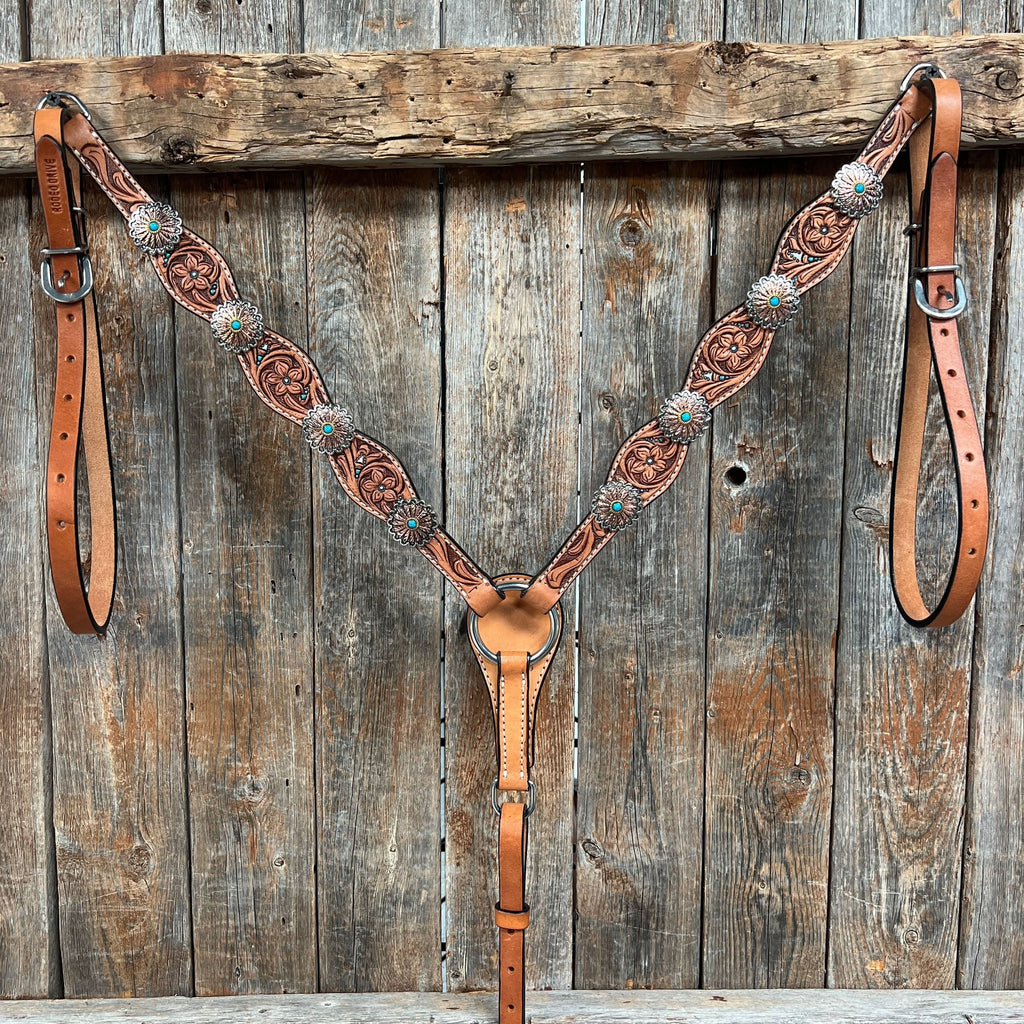 Floral Teal Dot Western Floral Browband/One Ear Headstall & Breastcollar Tack Set #BBBC593