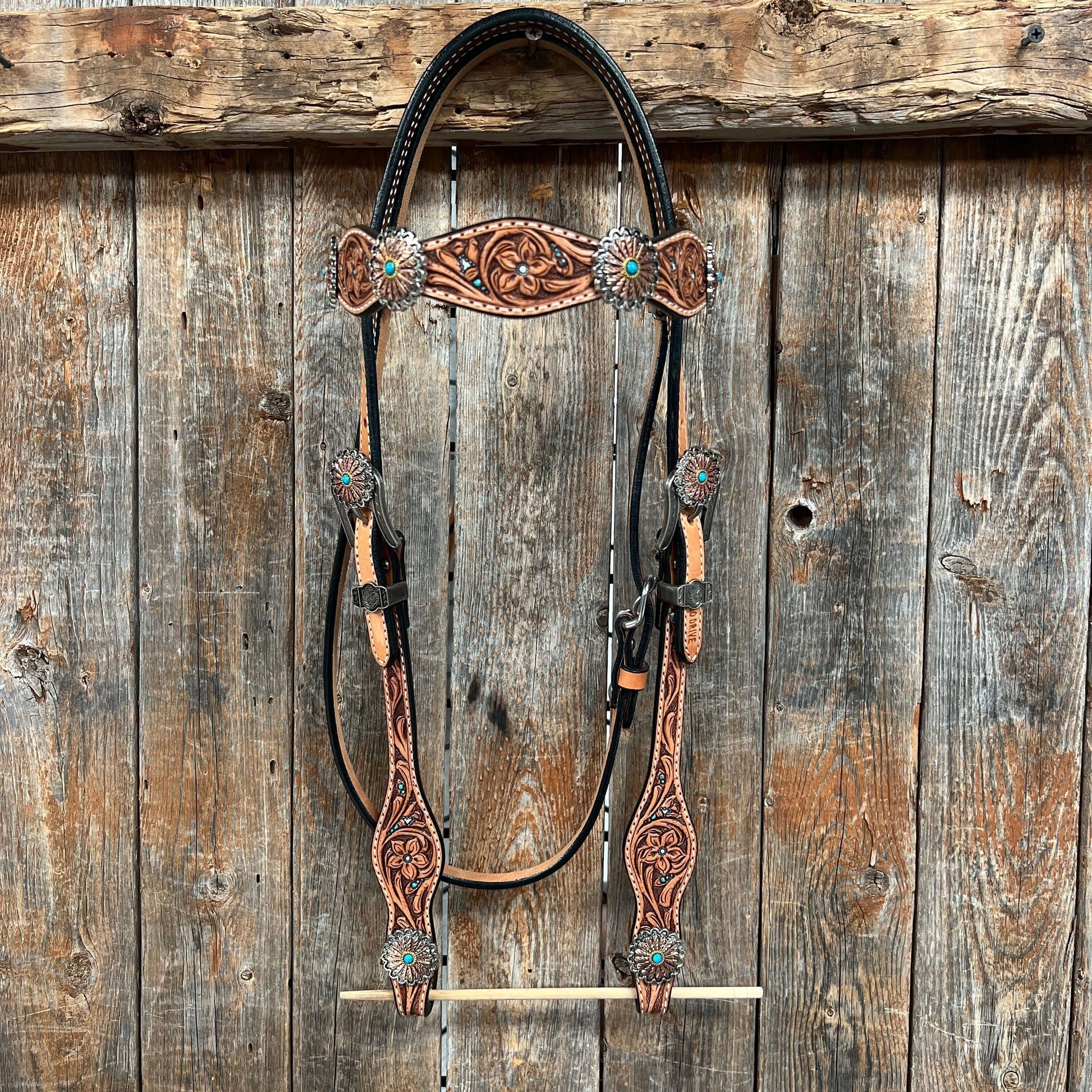 Floral Teal Dot Western Floral Browband/One Ear Headstall & Breastcollar Tack Set #BBBC593