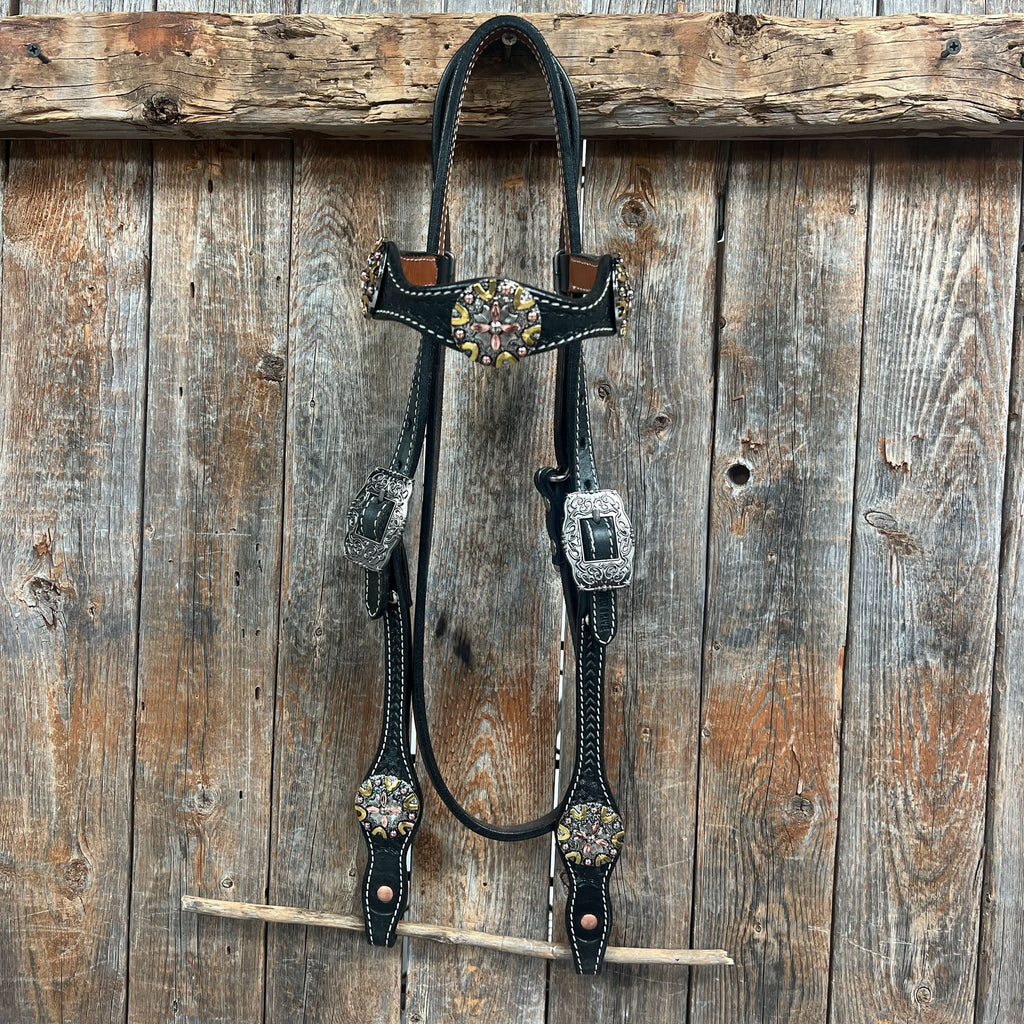 Black Basketweave Copper - Antique Silver Browband Tack Set  #BBBC597