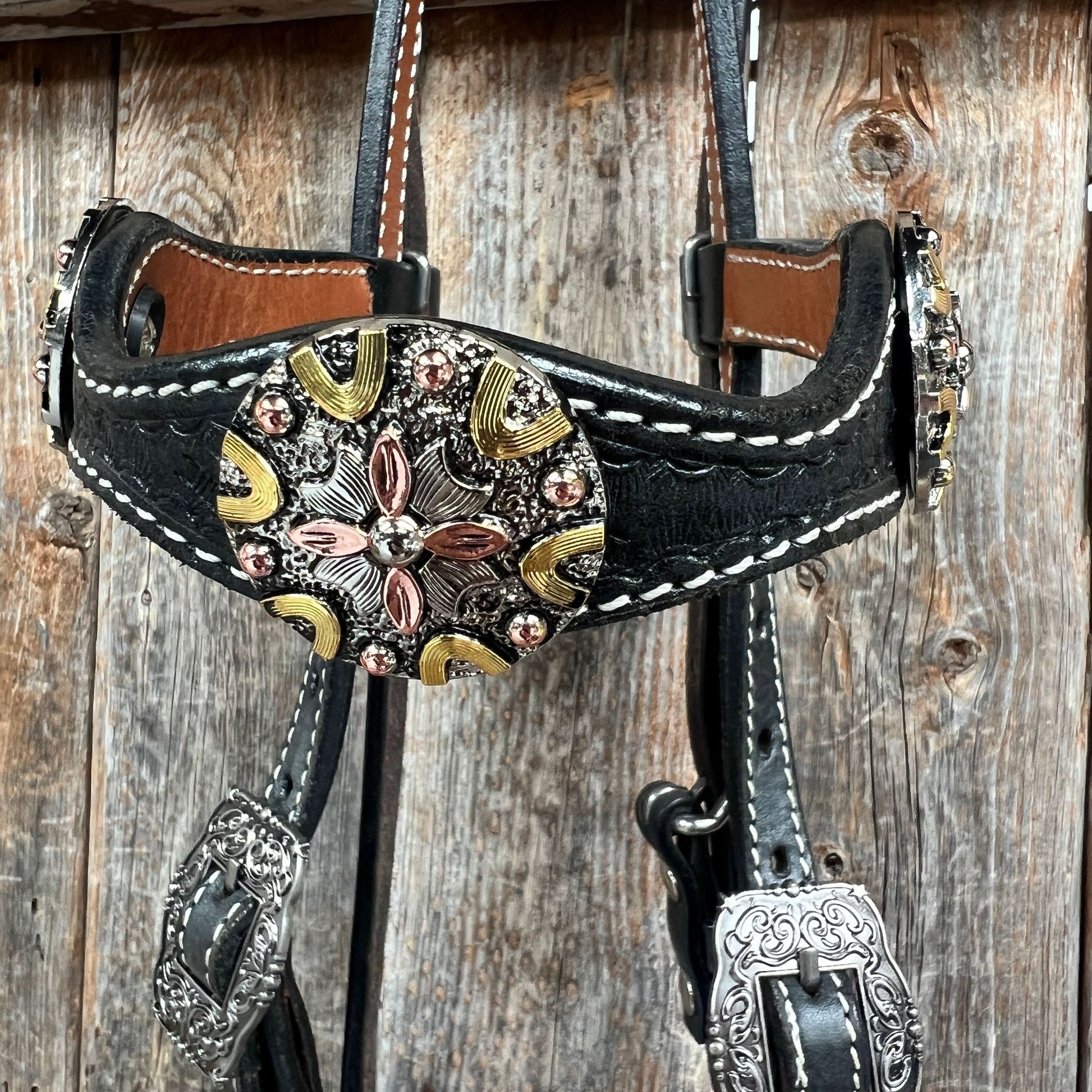 Black Basketweave Copper - Antique Silver Browband Tack Set  #BBBC597