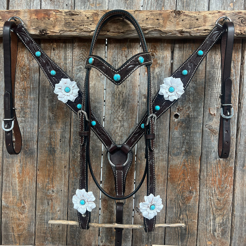 Dark Oil Floral Turquoise Cabochon Browband / Breastcollar Tack Set  #BBBC598
