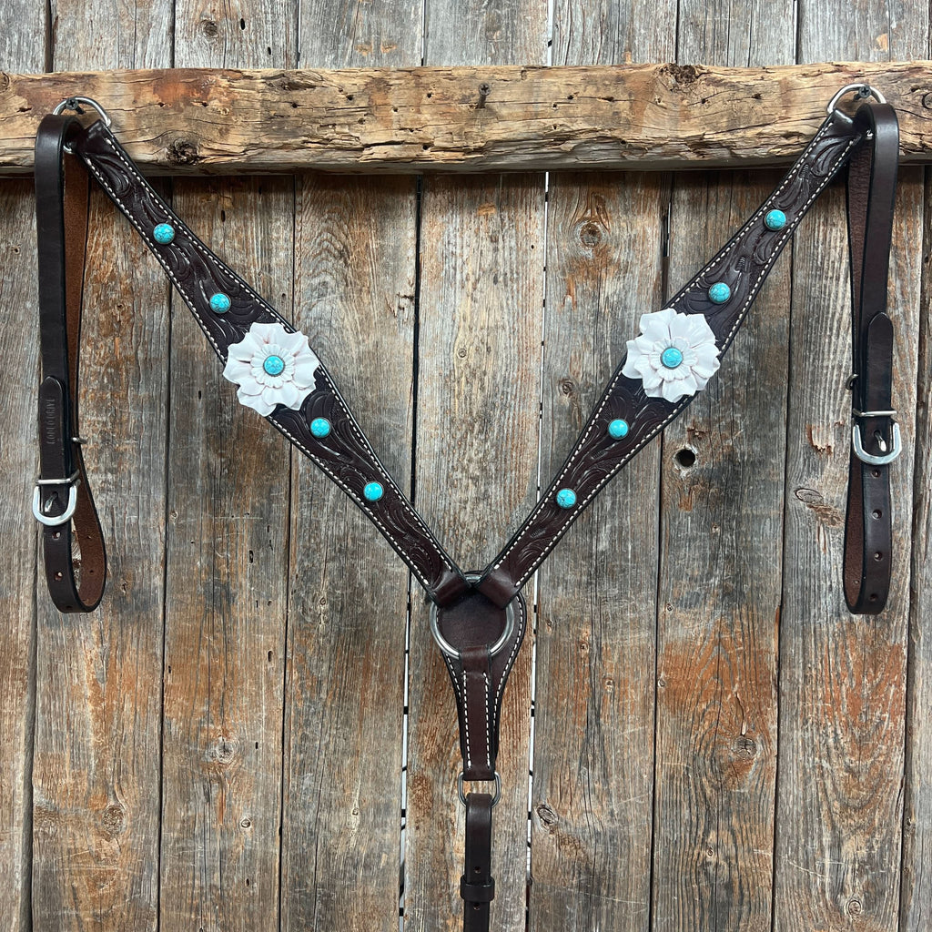 Dark Oil Floral Turquoise Cabochon Browband / Breastcollar Tack Set  #BBBC598