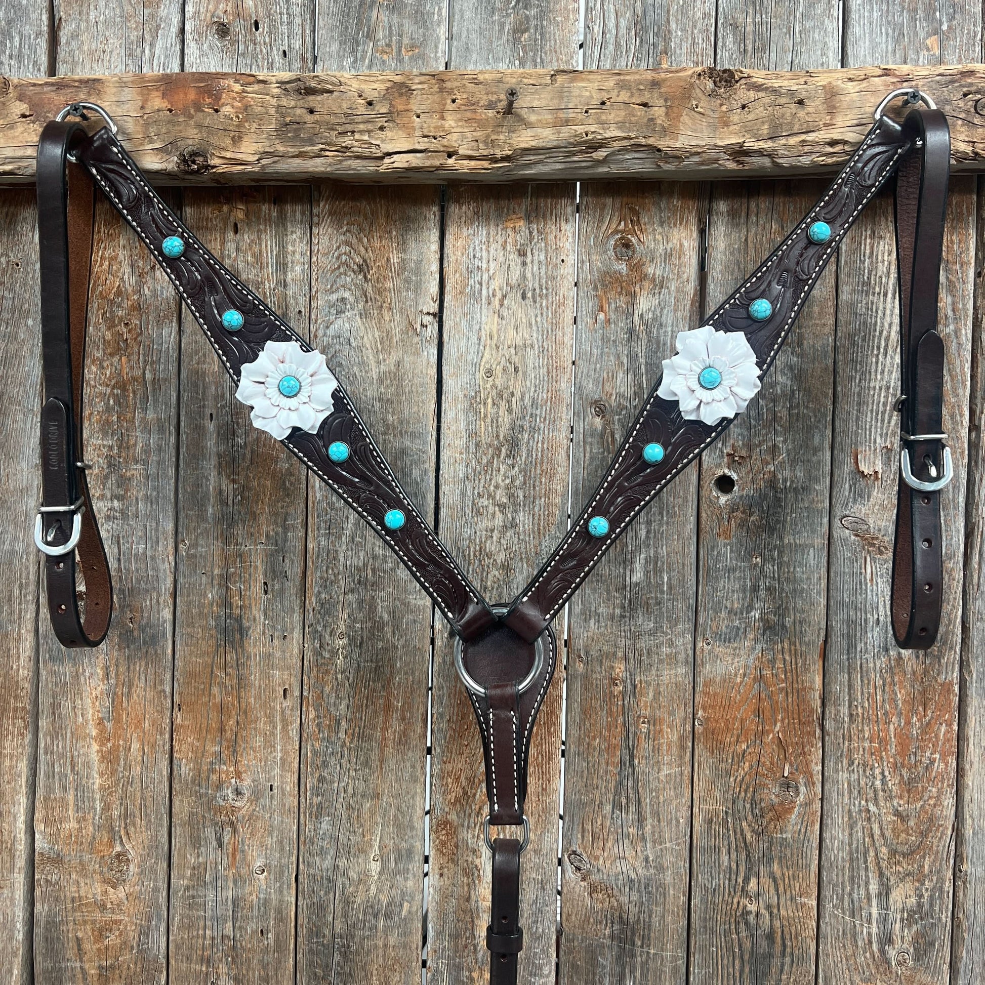 Dark Oil Floral Turquoise Cabochon Browband / Breastcollar Tack Set  #BBBC598