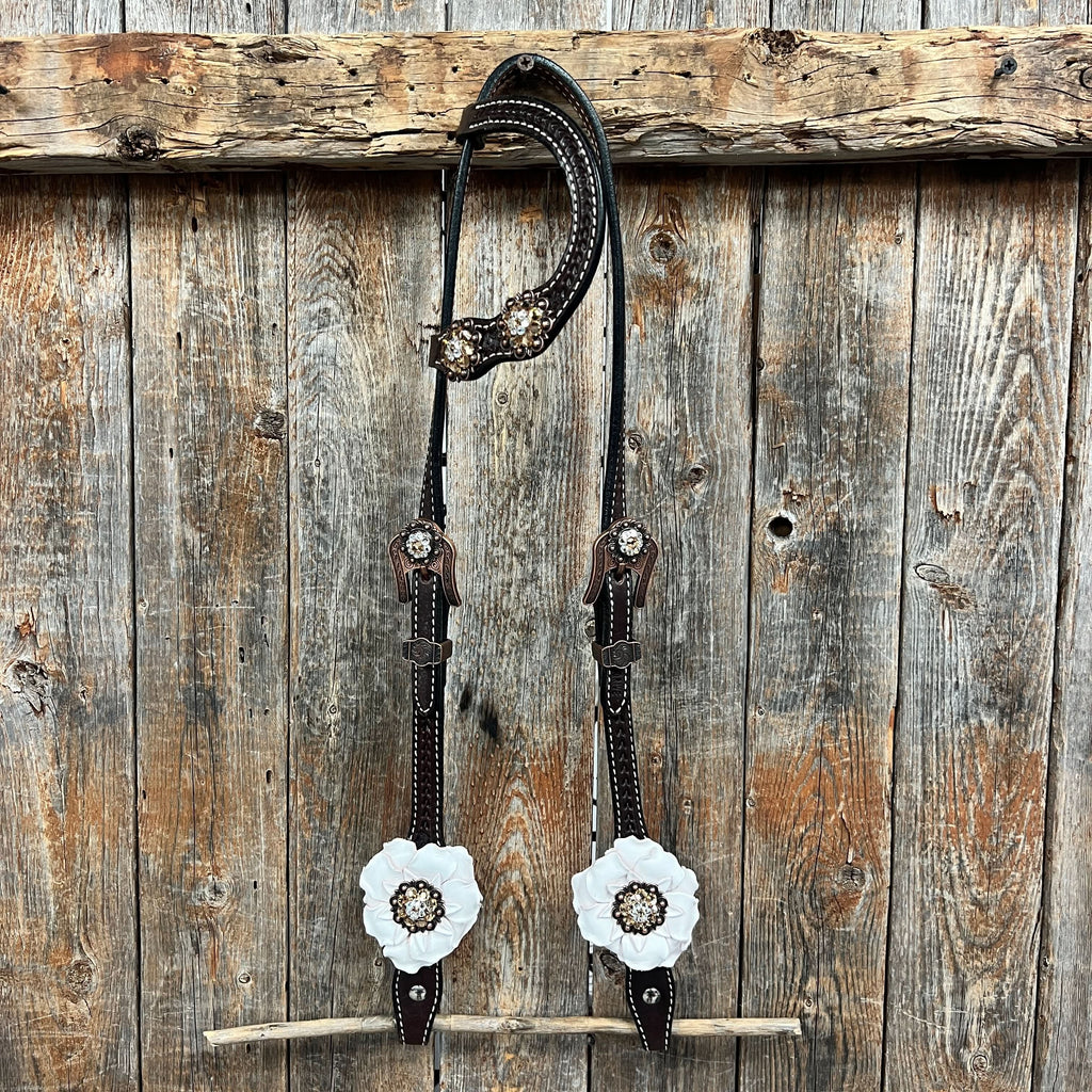 Dark Oil Basketweave Champagne - Clear Browband/One Ear Tack Set  #BBBC604