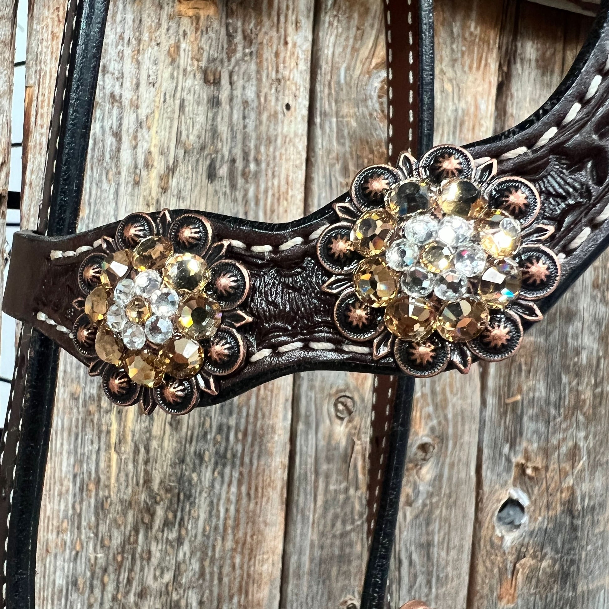 Dark Oil Basketweave Champagne - Clear Browband/One Ear Tack Set  #BBBC604