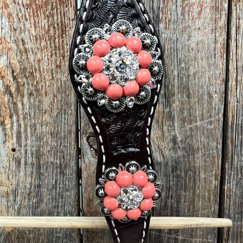 Dark Oil Basketweave Coral - Clear Browband/One Ear Tack Set  #BBBC606