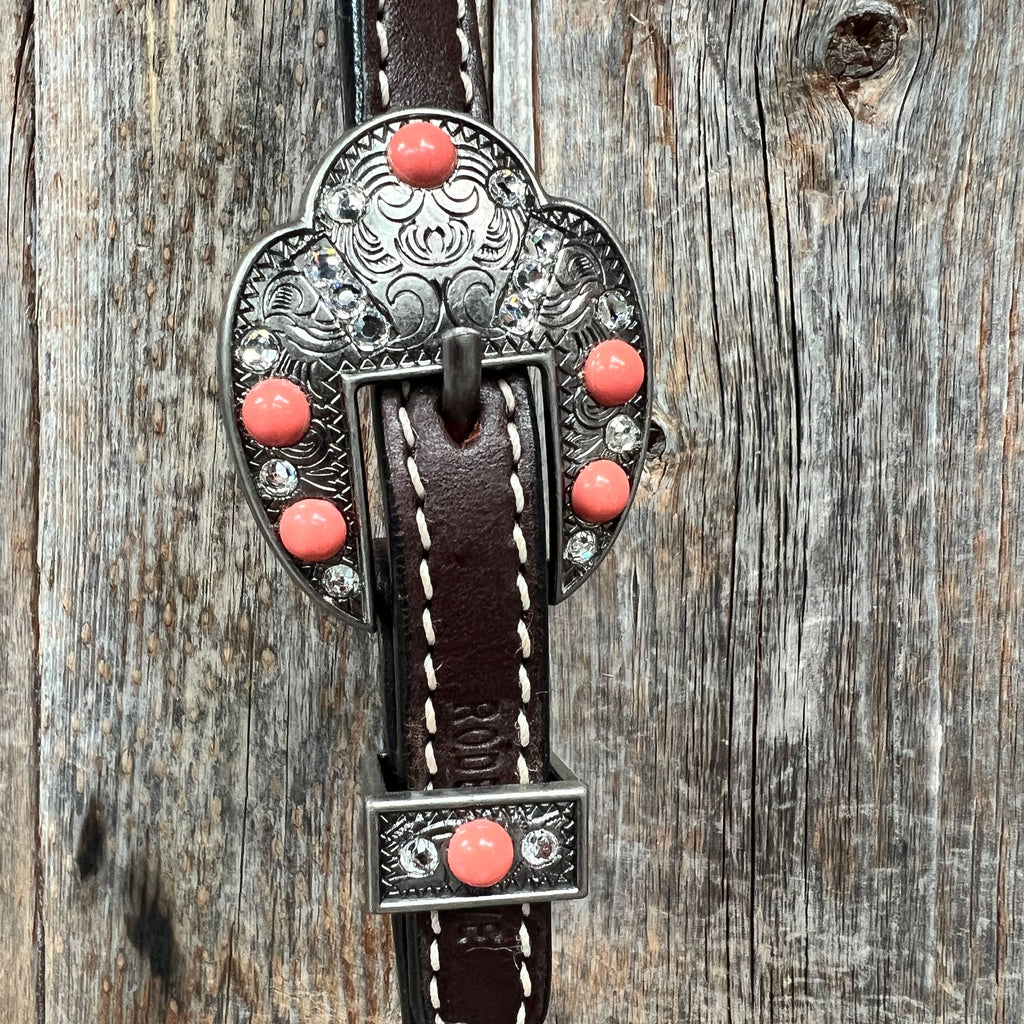 Dark Oil Basketweave Coral - Clear Browband/One Ear Tack Set  #BBBC606