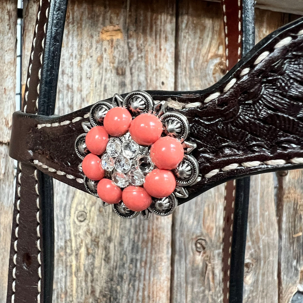 Dark Oil Basketweave Coral - Clear Browband/One Ear Tack Set  #BBBC606