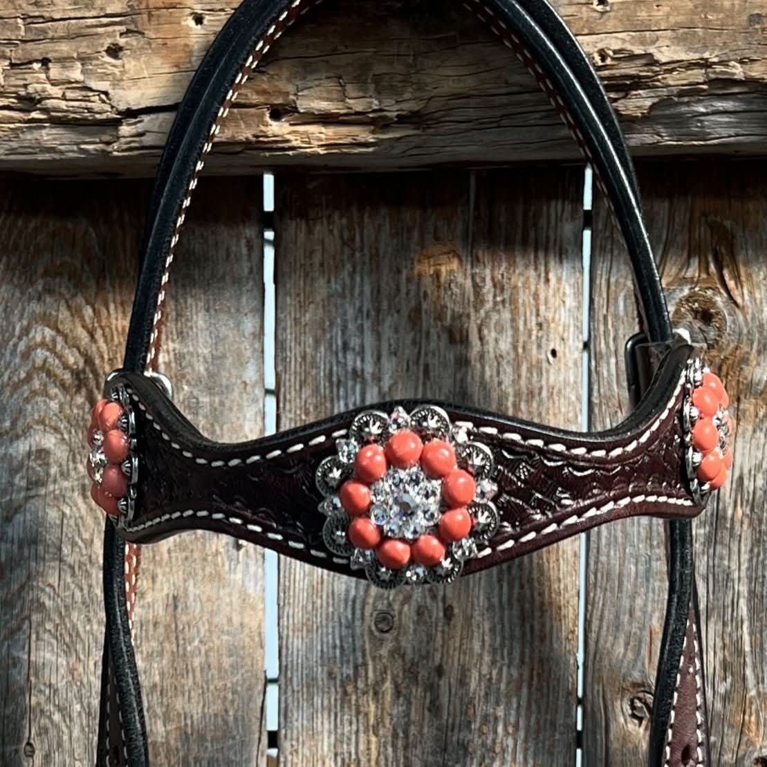 Dark Oil Basketweave Coral - Clear Browband/One Ear Tack Set  #BBBC606