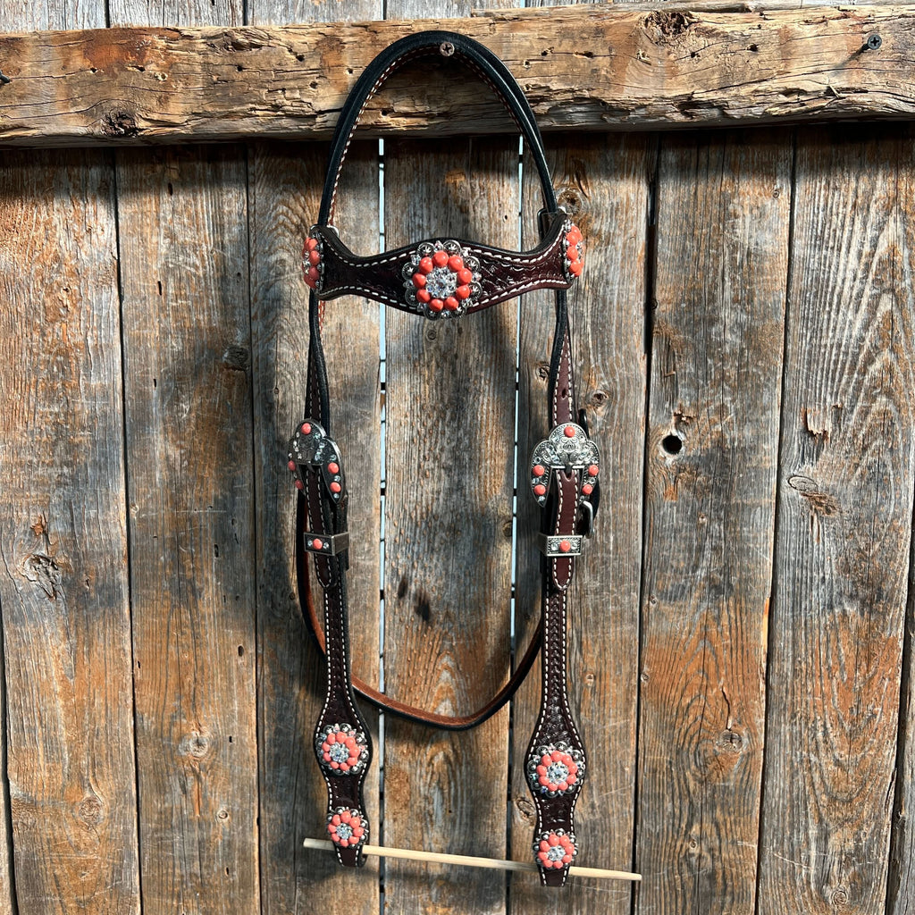 Dark Oil Basketweave Coral - Clear Browband/One Ear Tack Set  #BBBC606