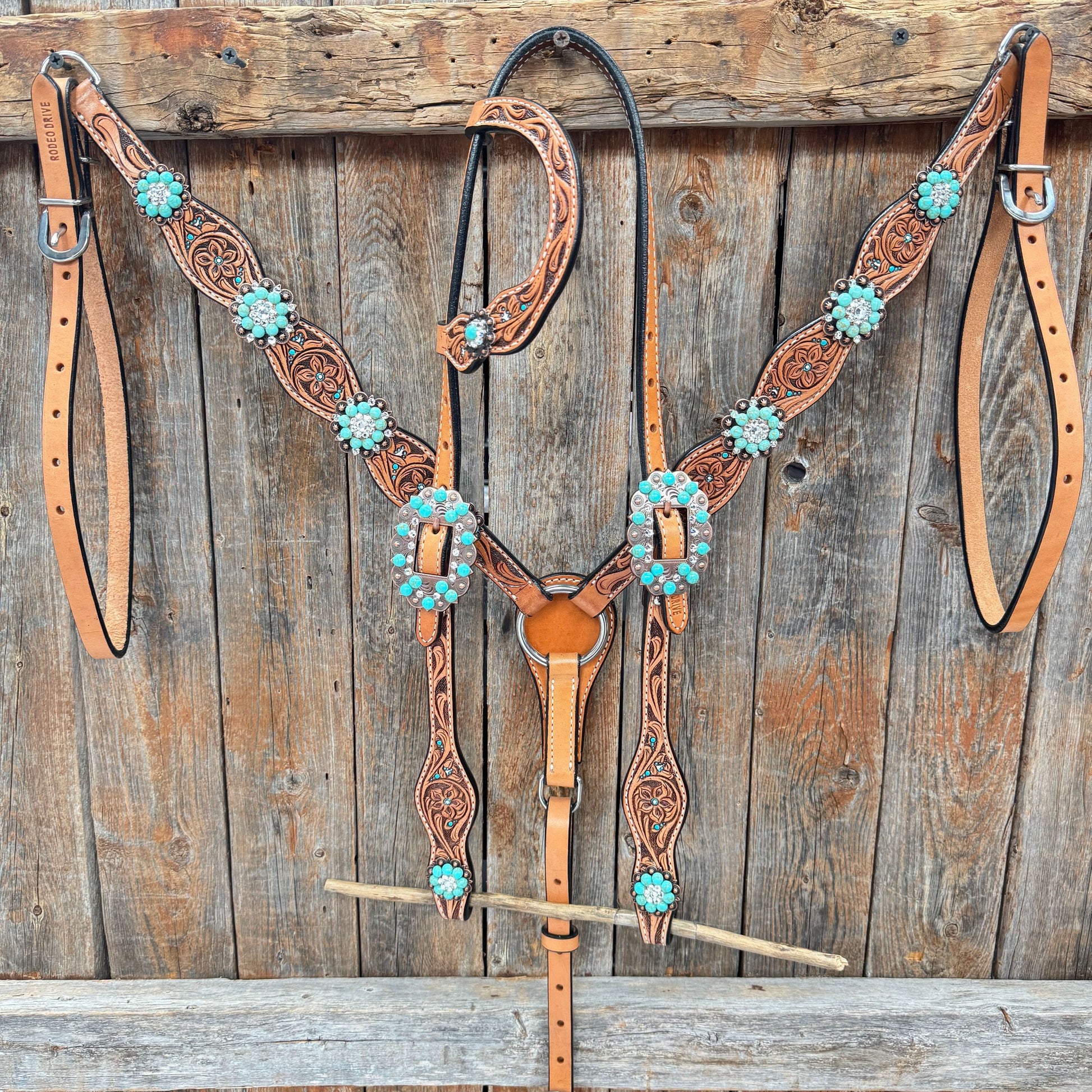 Floral Teal Dot Turquoise - Clear Browband/One Ear Headstall - Breastcollar Tack Set #BBBC669