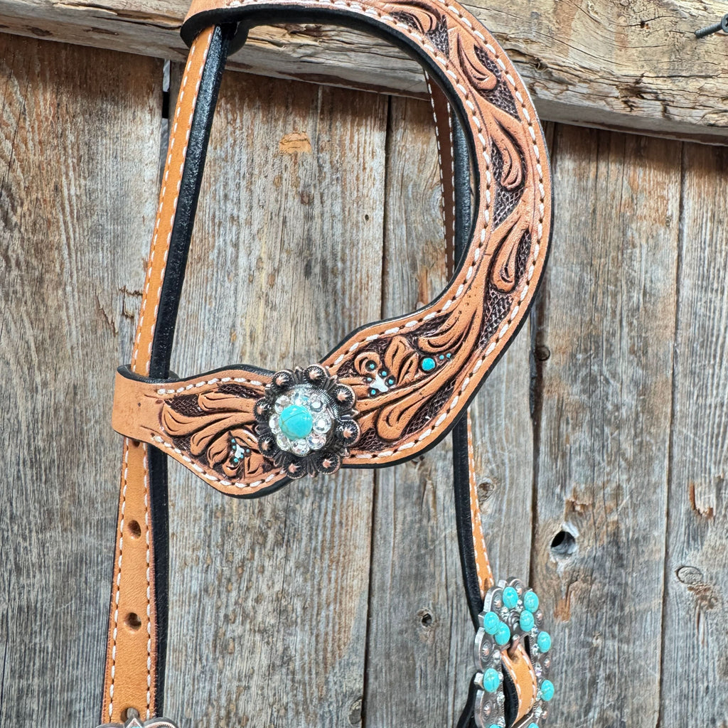 Floral Teal Dot Turquoise - Clear Browband/One Ear Headstall - Breastcollar Tack Set #BBBC669