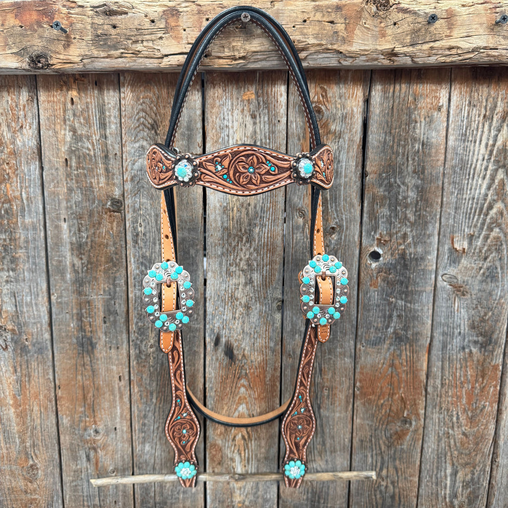 Floral Teal Dot Turquoise - Clear Browband/One Ear Headstall - Breastcollar Tack Set #BBBC669