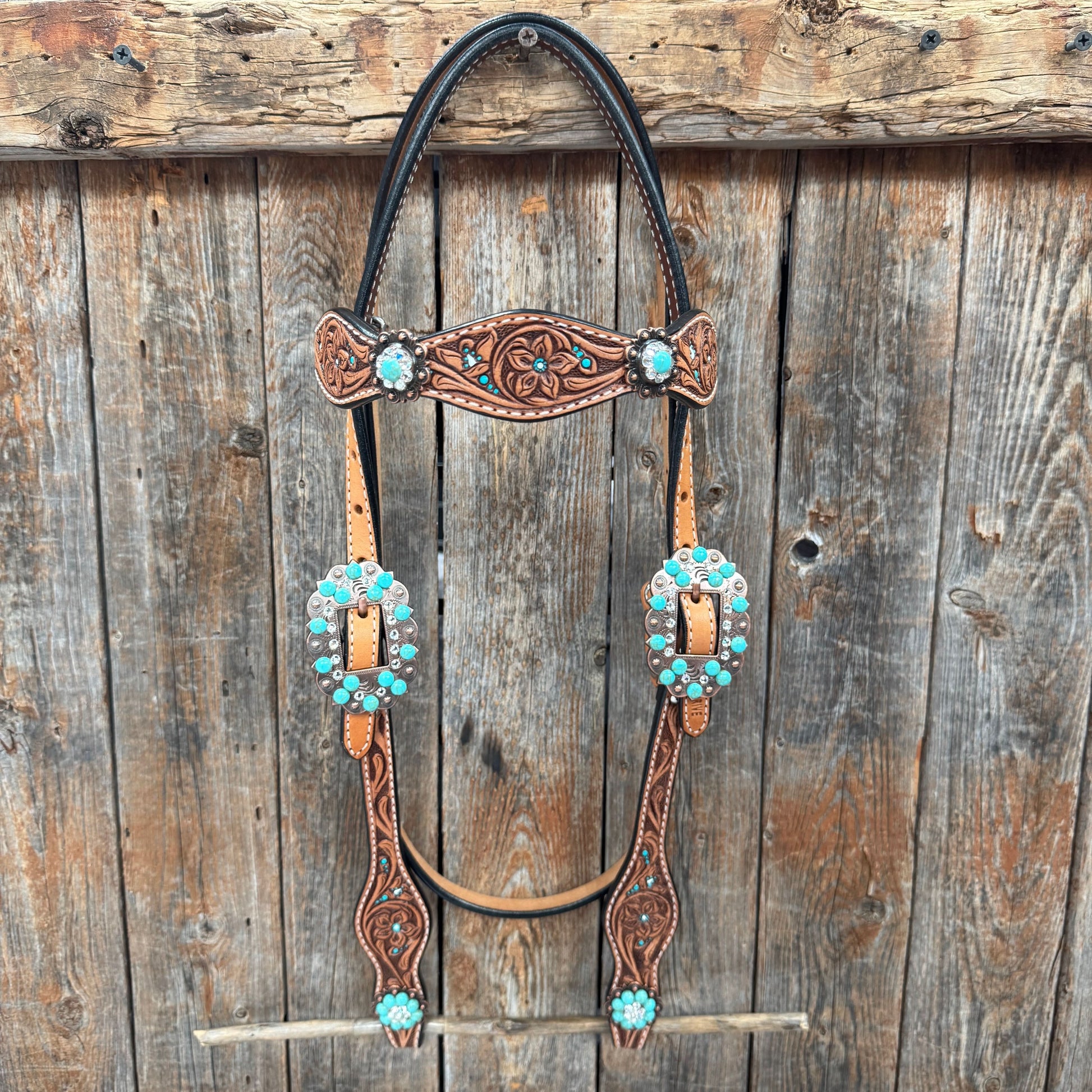 Floral Teal Dot Turquoise - Clear Browband/One Ear Headstall - Breastcollar Tack Set #BBBC669