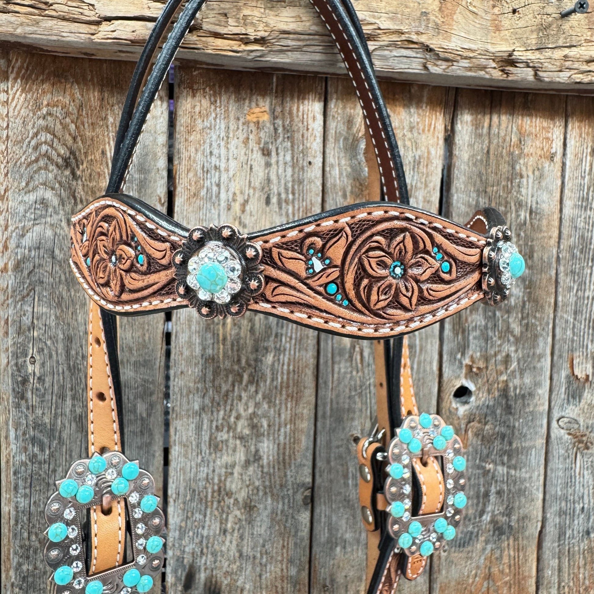 Floral Teal Dot Turquoise - Clear Browband/One Ear Headstall - Breastcollar Tack Set #BBBC669