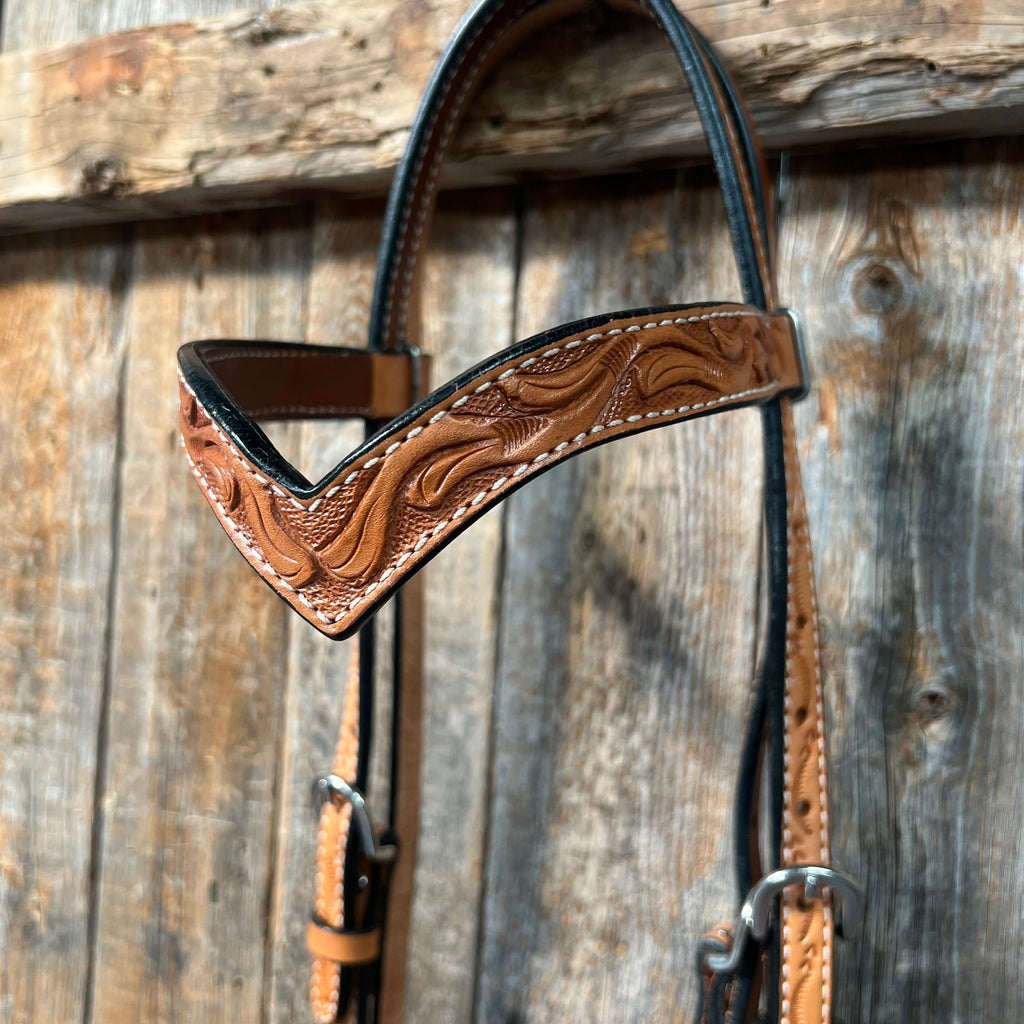 Floral V Browband Light Oil Headstall / Bridle