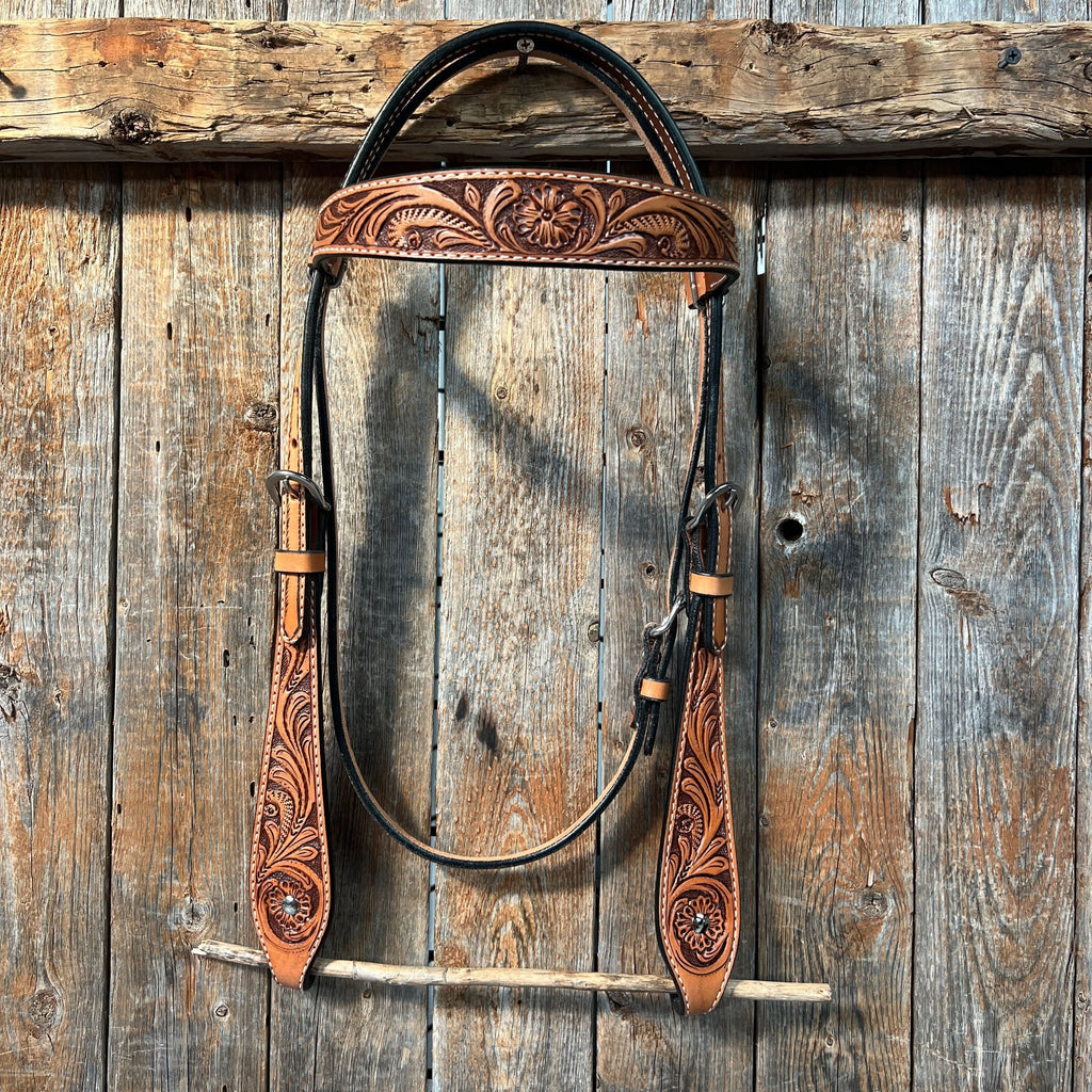 Light Oil Floral Tooled Buckaroo Style Browband Headstall / Bridle