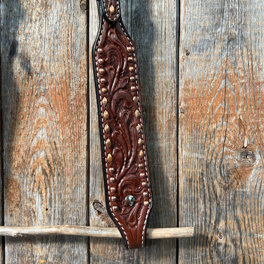 Medium Oil Floral Tooled Copper Buckstitching &  Dots One Ear Headstall / Bridle