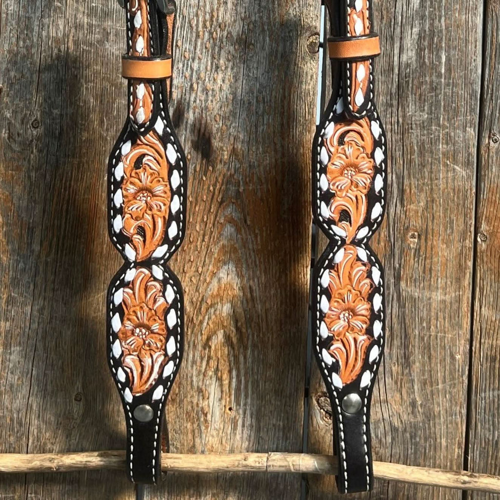 Floral Tooled Buckstitch One Ear Headstall / Bridle