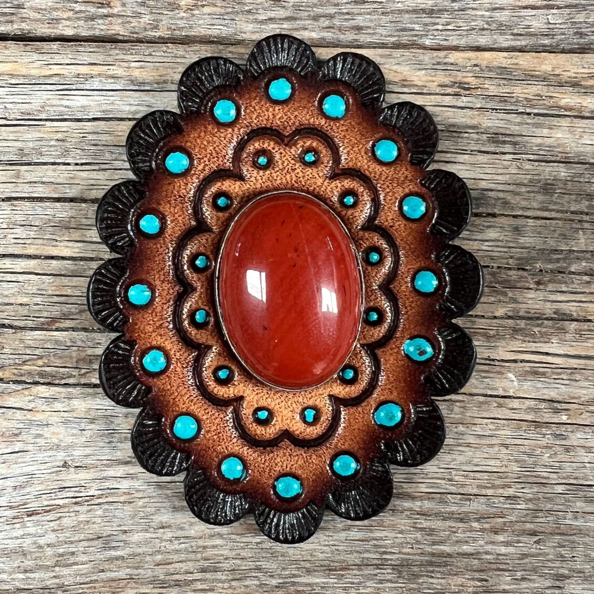 Leather Rosette Dark Oil Edges with Rust Cabochon Western Concho R104CABRU