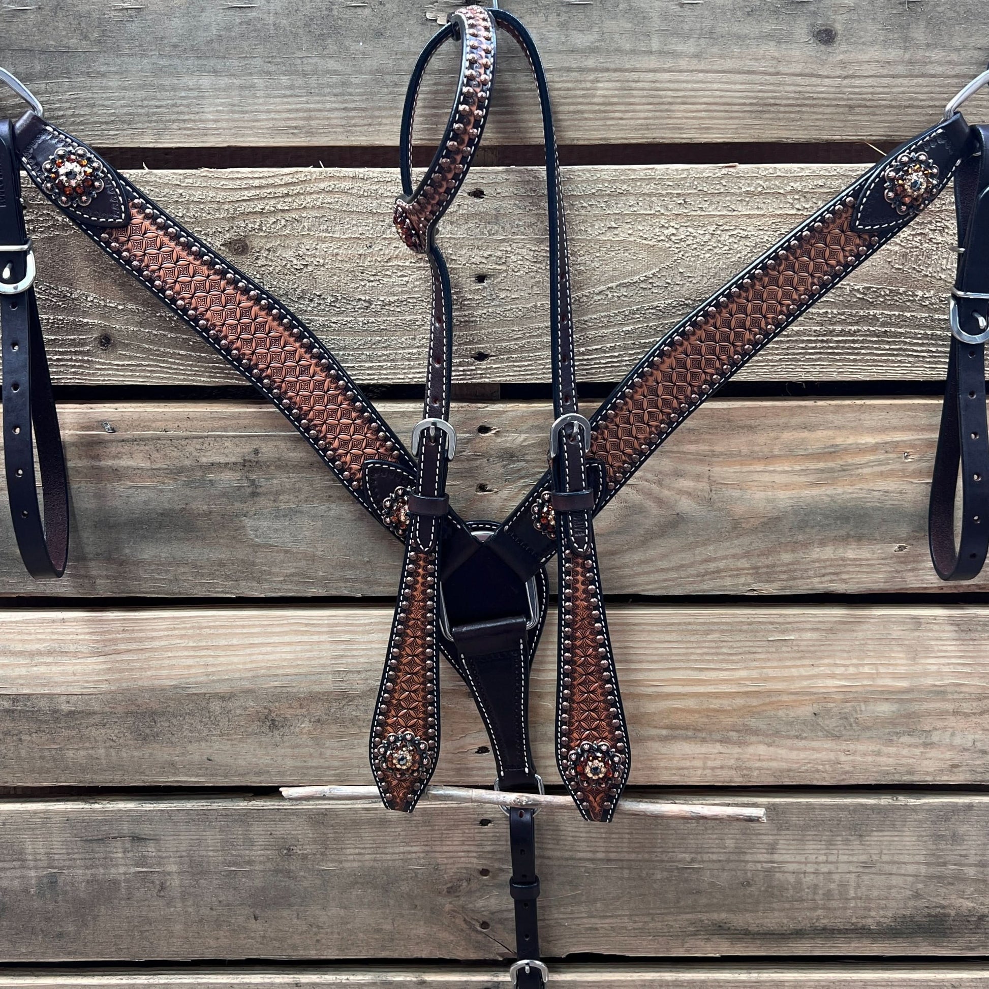 Two Tone Honeycomb Copper Dot Jet, Champagne and Topaz Browband / Breastcollar Tack Set #BBBC621