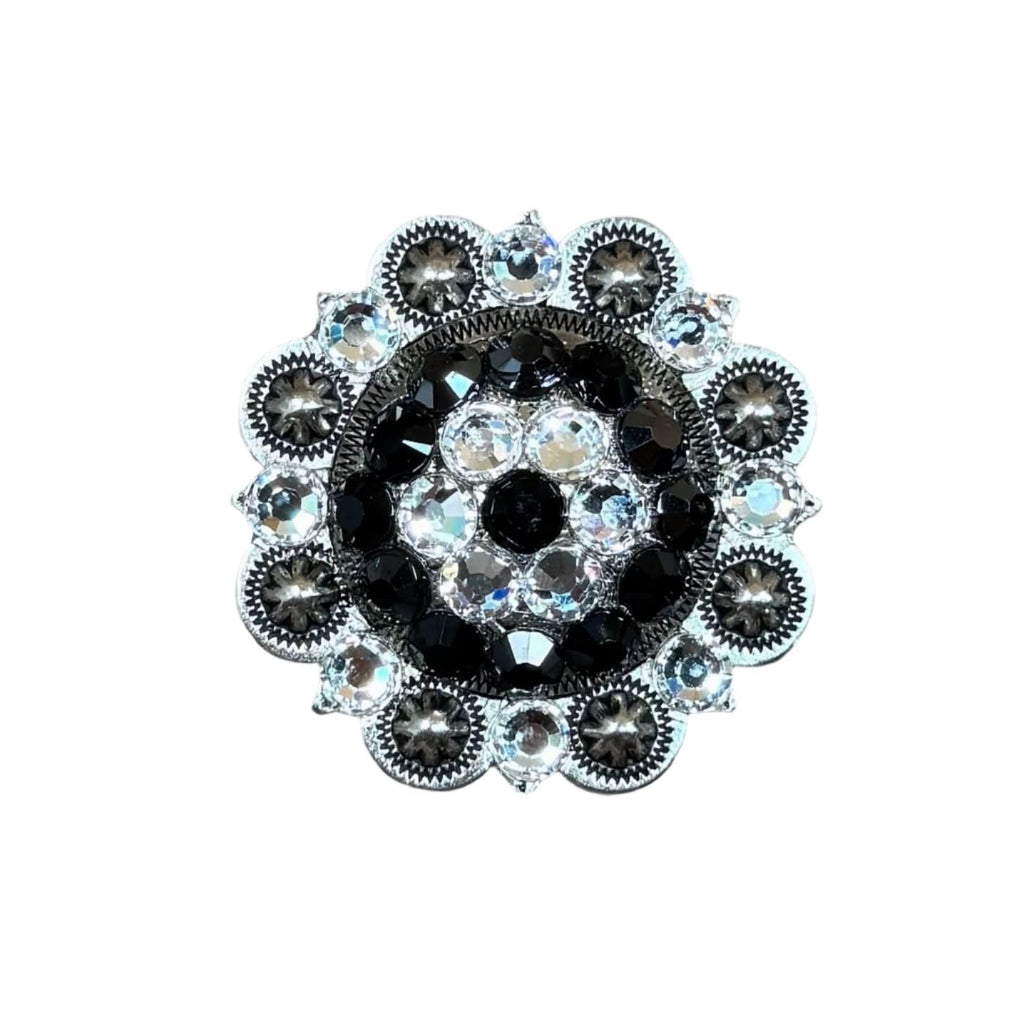 Antique Silver Jet, Clear Crystal Conchos - Sizes from 1"- 3" and Buckles