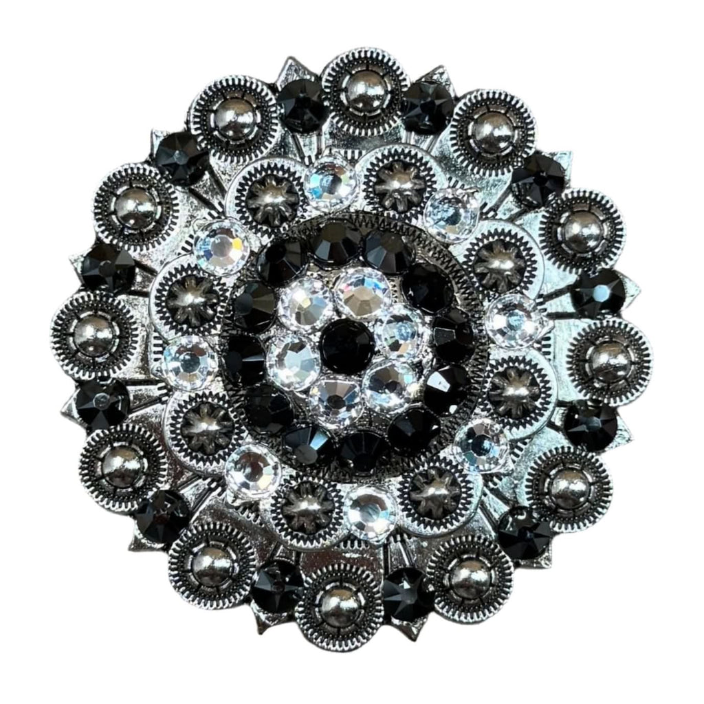 Antique Silver Jet, Clear Crystal Conchos - Sizes from 1"- 3" and Buckles