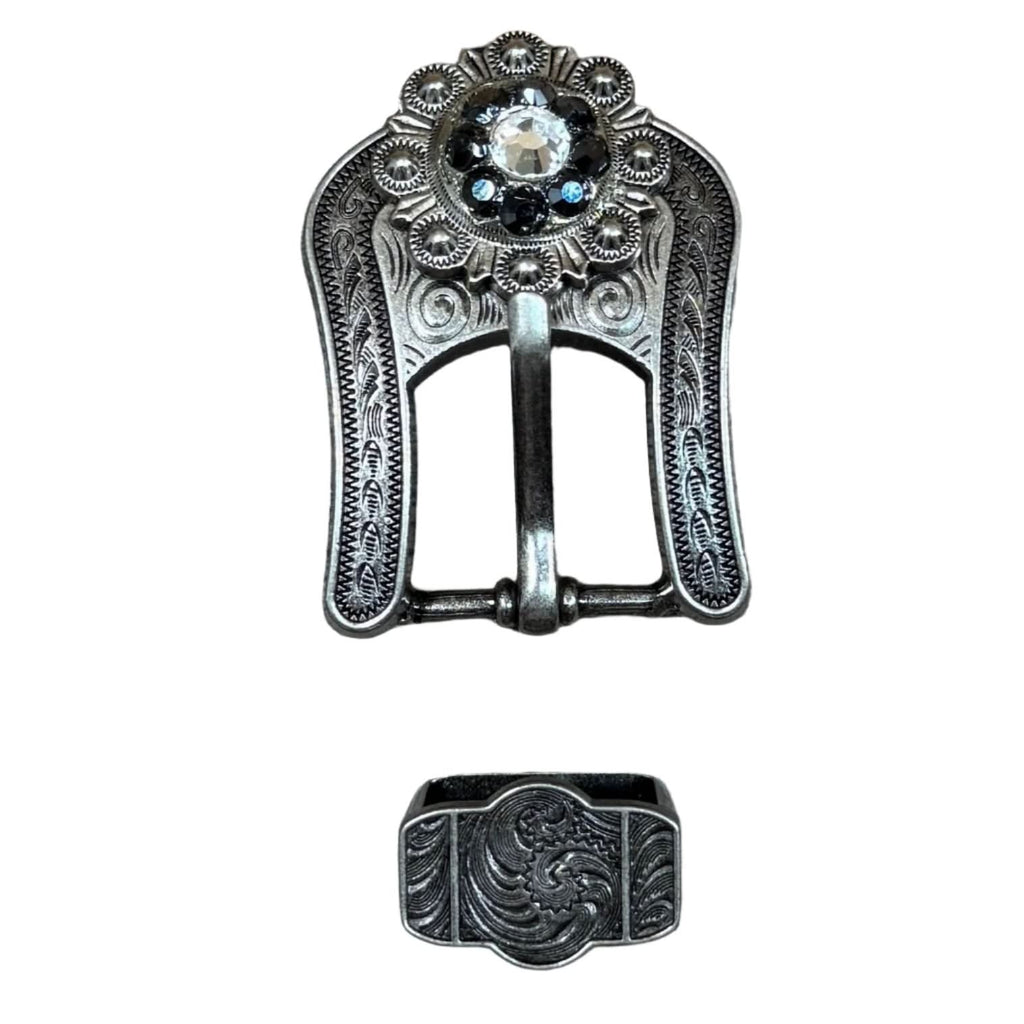 Antique Silver Jet, Clear Crystal Conchos - Sizes from 1"- 3" and Buckles