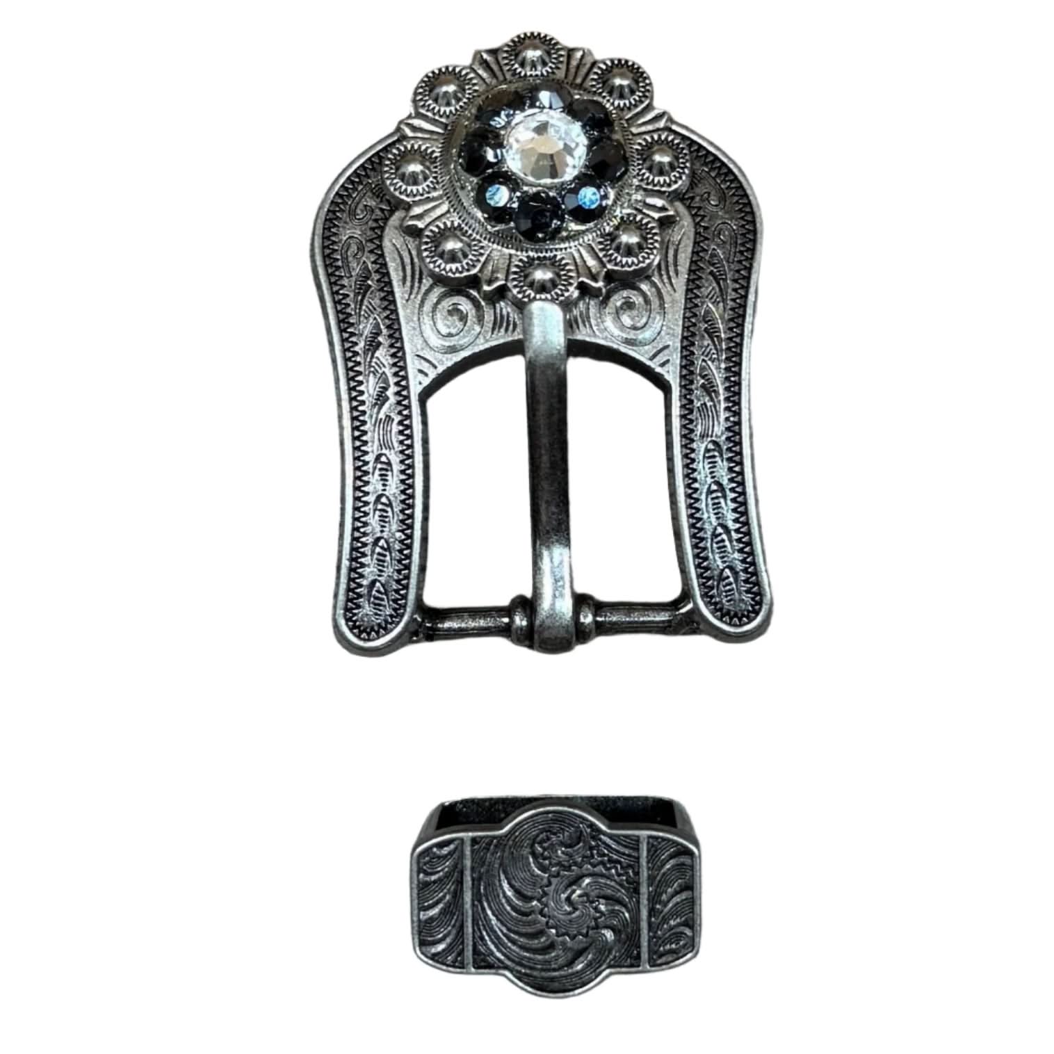 Antique Silver Jet, Clear Crystal Conchos - Sizes from 1"- 3" and Buckles