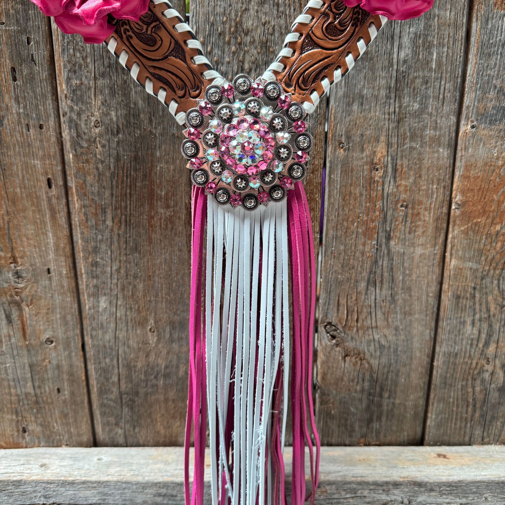 Light Oil Whipstitch Pink and White One Ear & Breastcollar Tack Set #OEBC437