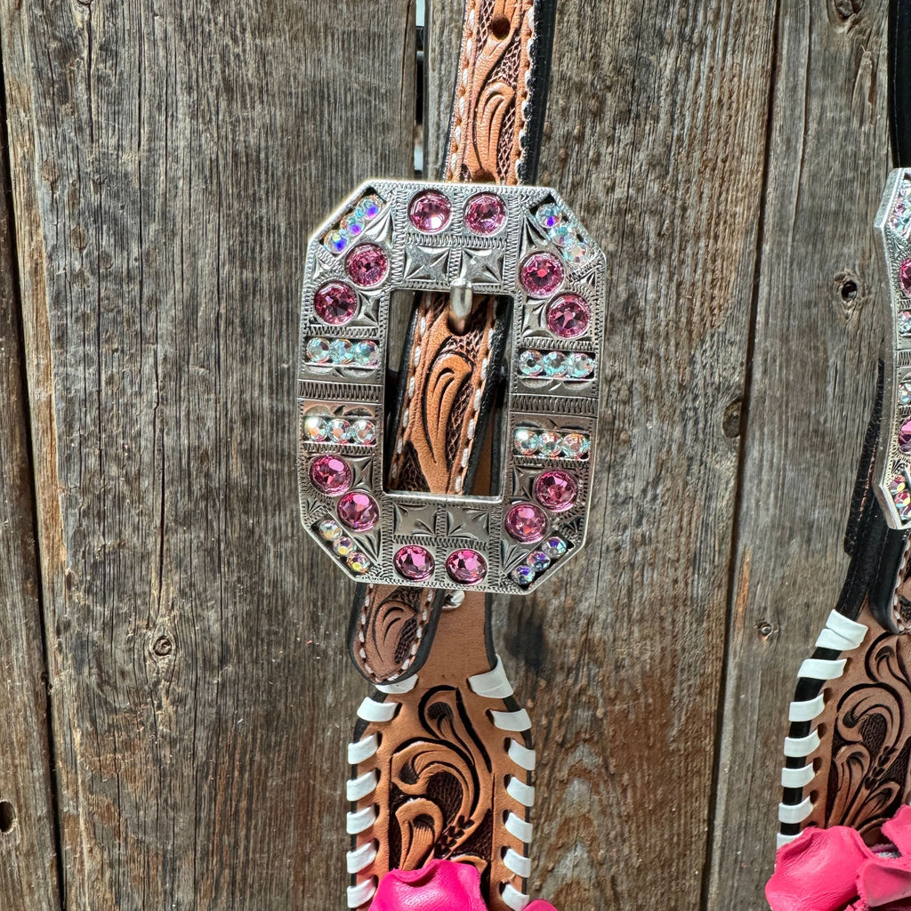 Light Oil Whipstitch Pink and White One Ear & Breastcollar Tack Set #OEBC437NW