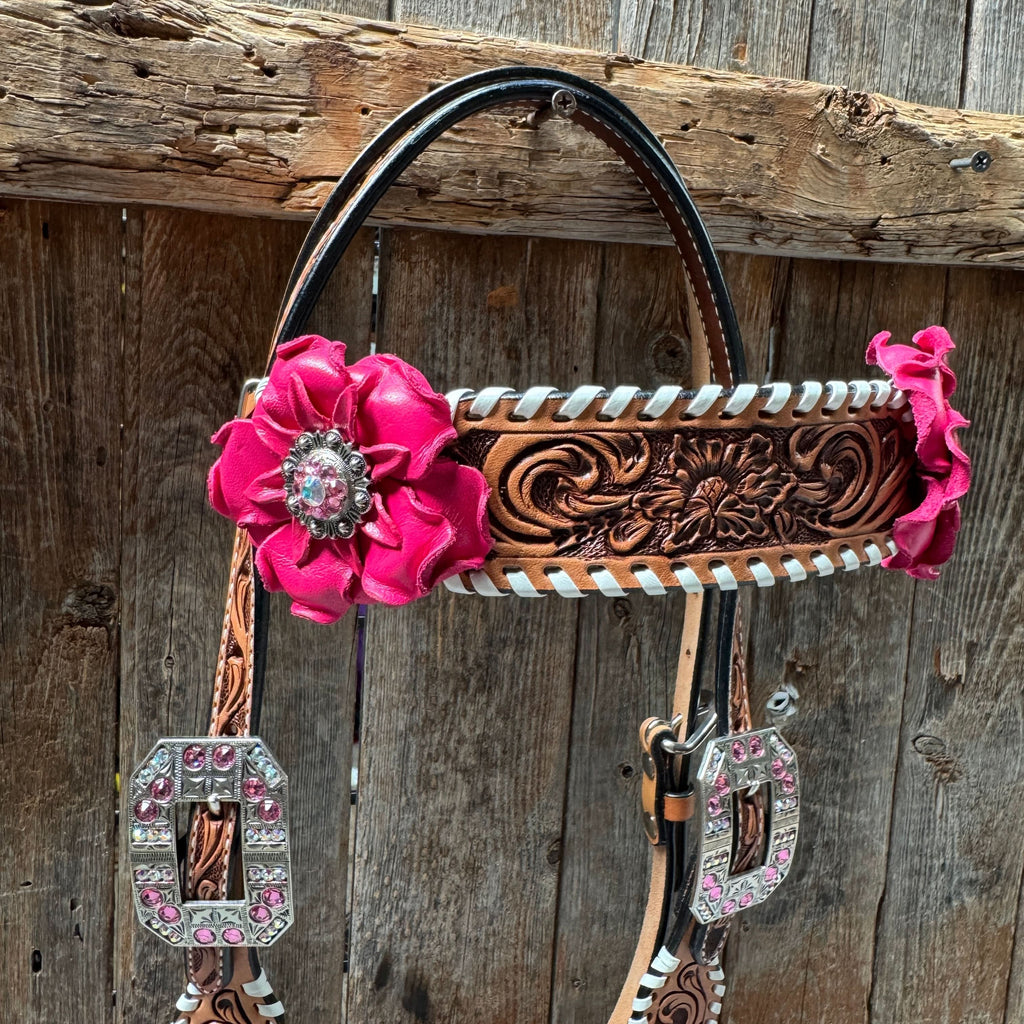 Light Oil Whipstitch Pink and White One Ear & Breastcollar Tack Set #OEBC437NW