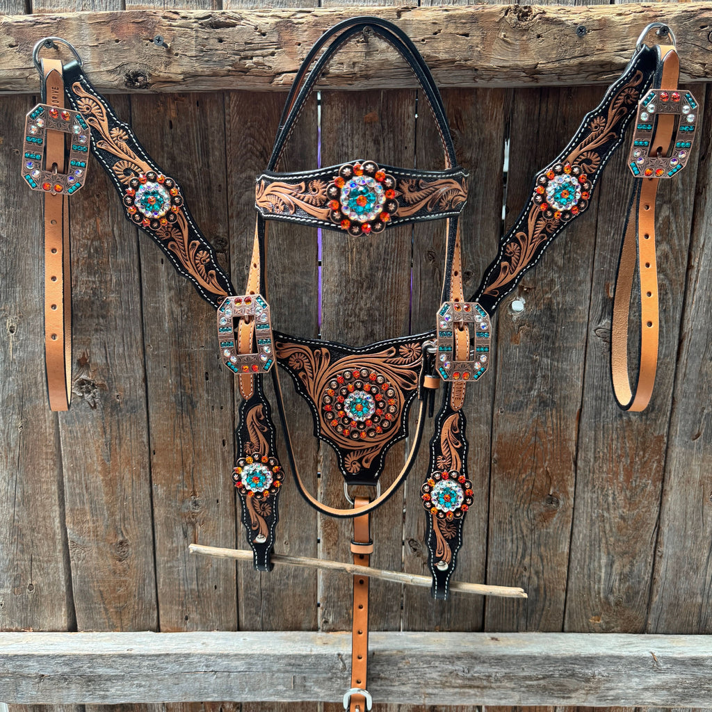 Two Tone Floral Triangle Orange and Teal Browband/One Ear - Triangle/Gladiator Breastcollar Tack Set #BBBC670NW