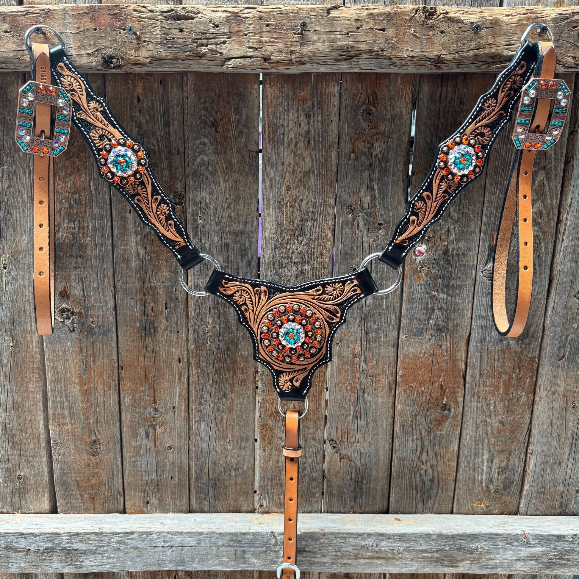 Two Tone Floral Triangle Orange and Teal Browband/One Ear - Triangle/Gladiator Breastcollar Tack Set #BBBC670NW