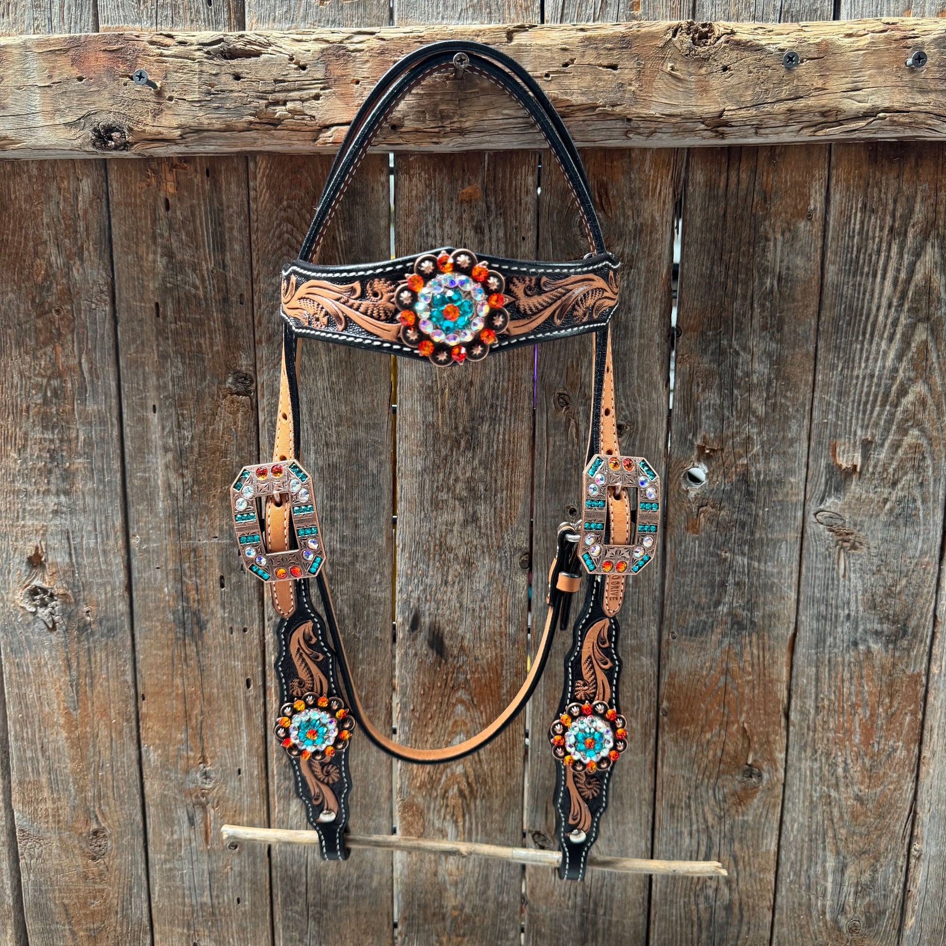 Two Tone Floral Triangle Orange and Teal Browband/One Ear - Triangle/Gladiator Breastcollar Tack Set #BBBC670