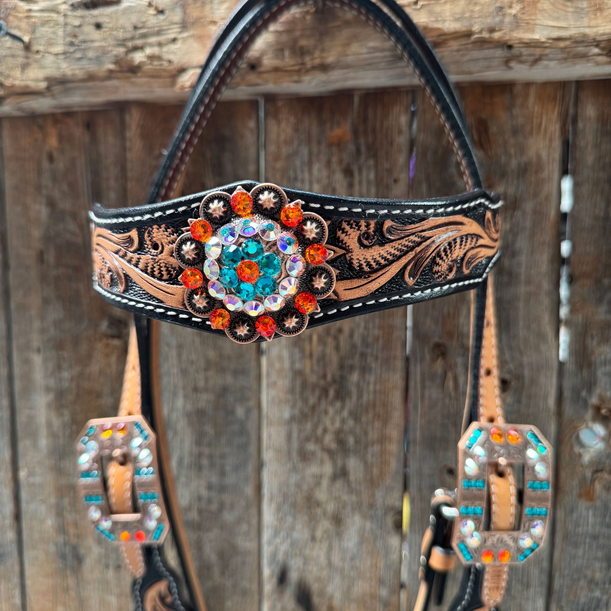 Two Tone Floral Triangle Orange and Teal Browband/One Ear - Triangle/Gladiator Breastcollar Tack Set #BBBC670