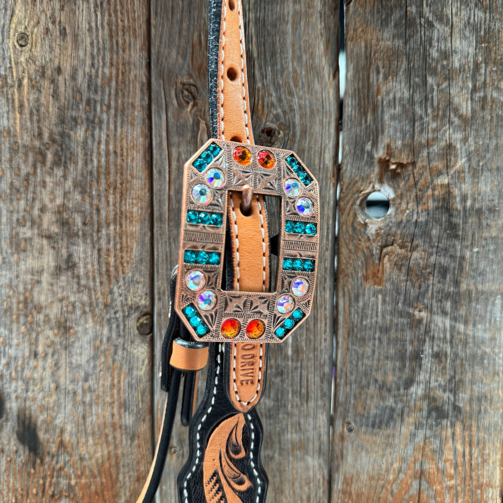 Two Tone Floral Triangle Orange and Teal Browband/One Ear - Triangle/Gladiator Breastcollar Tack Set #BBBC670