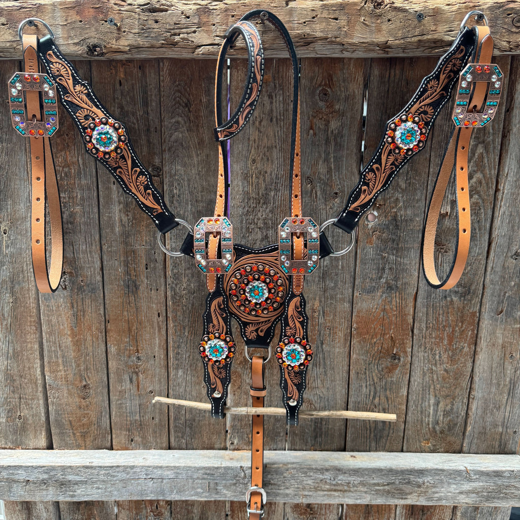 Two Tone Floral Triangle Orange and Teal Browband/One Ear - Triangle/Gladiator Breastcollar Tack Set #BBBC670NW