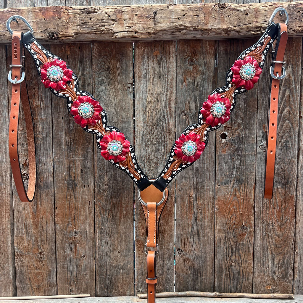 Classic Red and Turquoise Browband / One Ear Tack Set #BBBC436