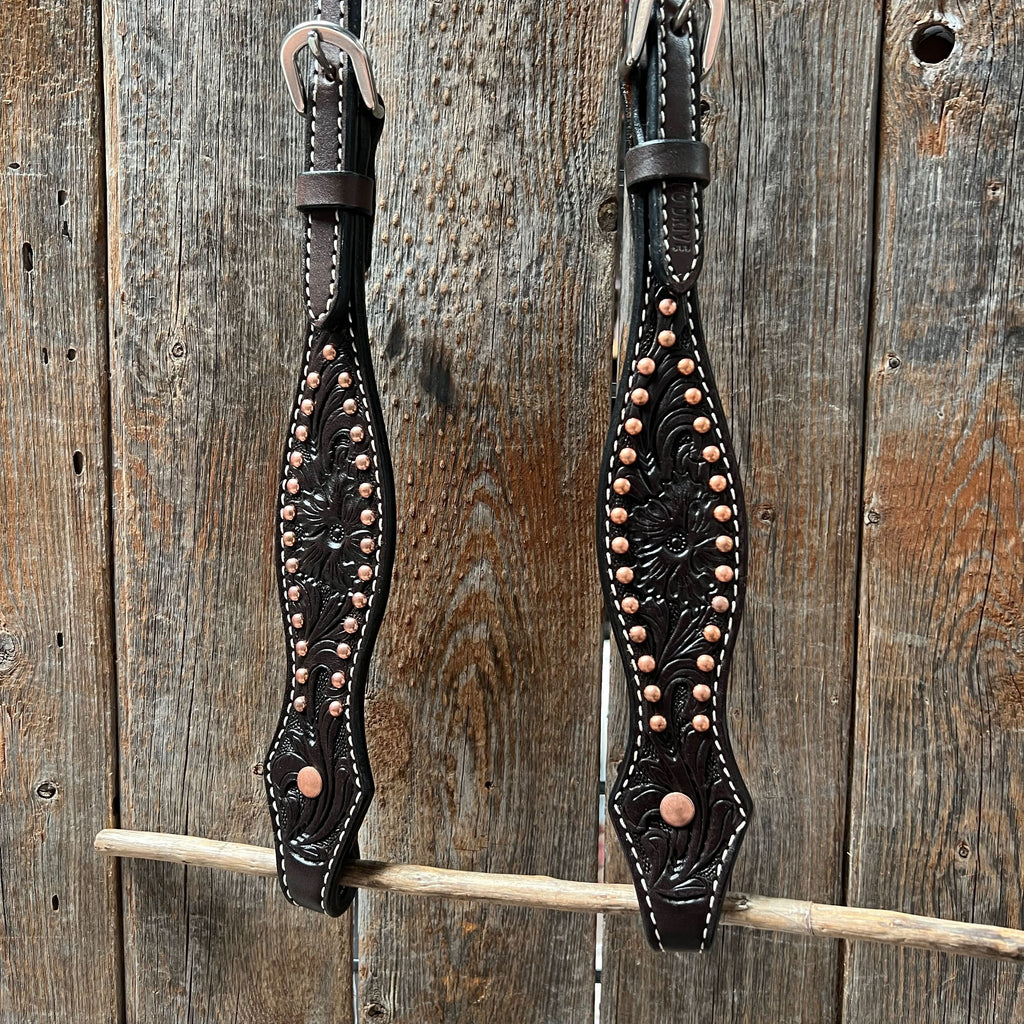 Dark Oil Floral Tooled with Copper Dots One Ear Headstall / Bridle