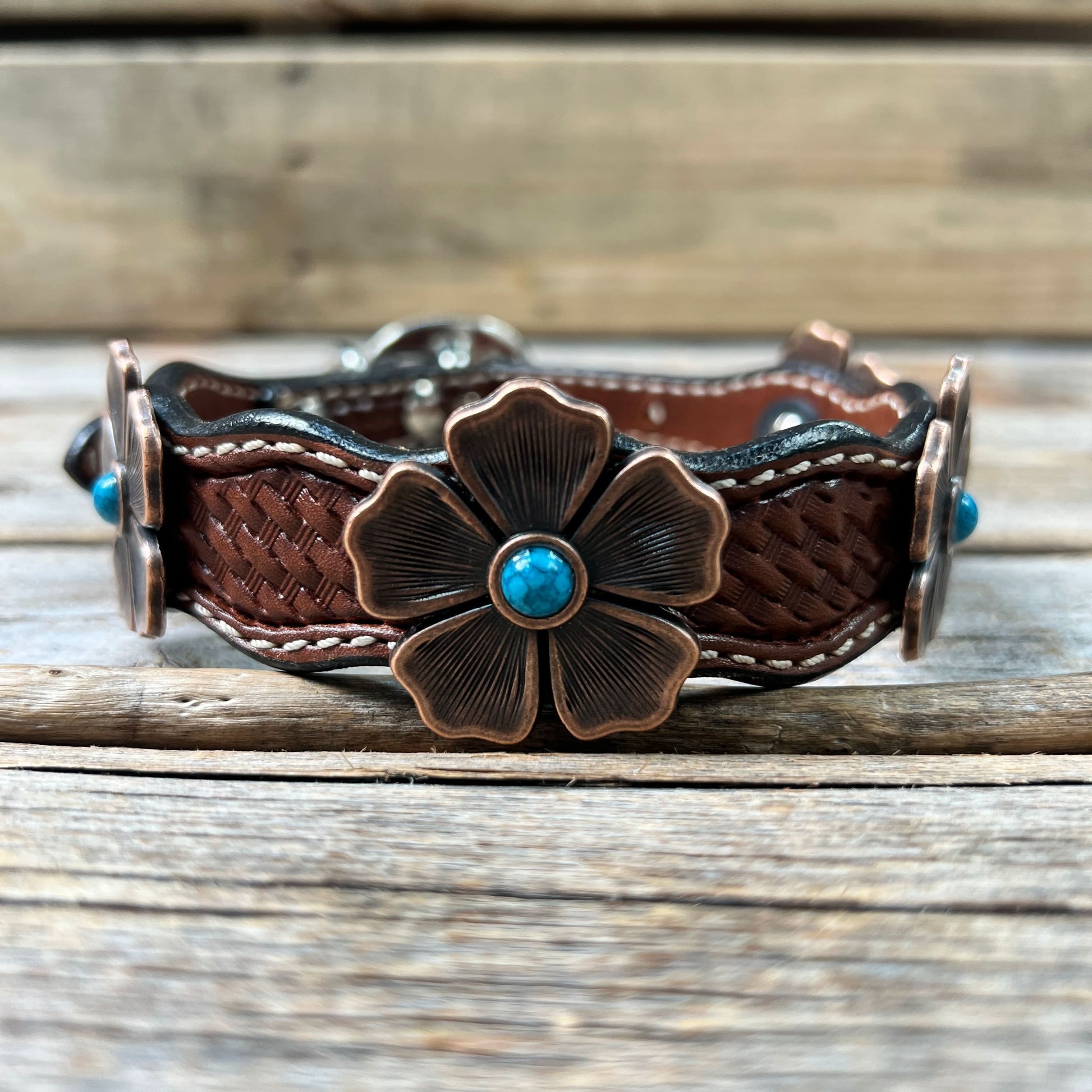 Leather Dog Collar With Copper Flower Conchos 12" to 22" W111S -DC7