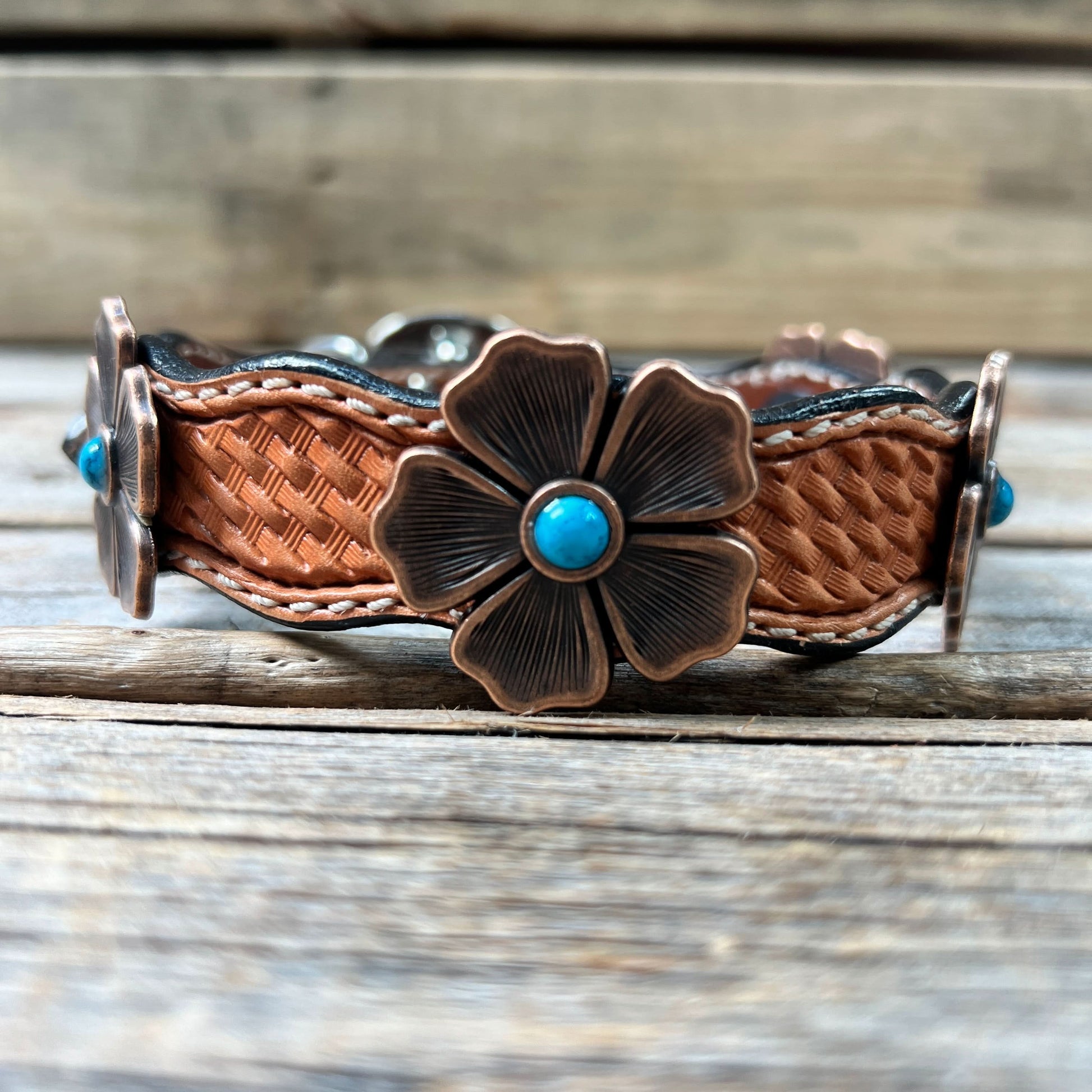 Leather Dog Collar With Copper Flower Conchos 12" to 22" W111S -DC7